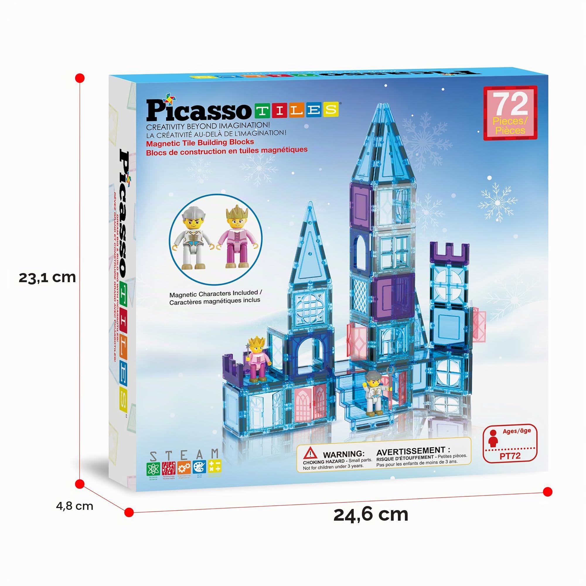 PicasssoTiles PT72 - Set di 72 mattonelle magnetiche per edifici a tema castello invernale a tema ghiaccio, con personaggi Principessa Principe, scale, finestre, porte, giocattolo educativo per