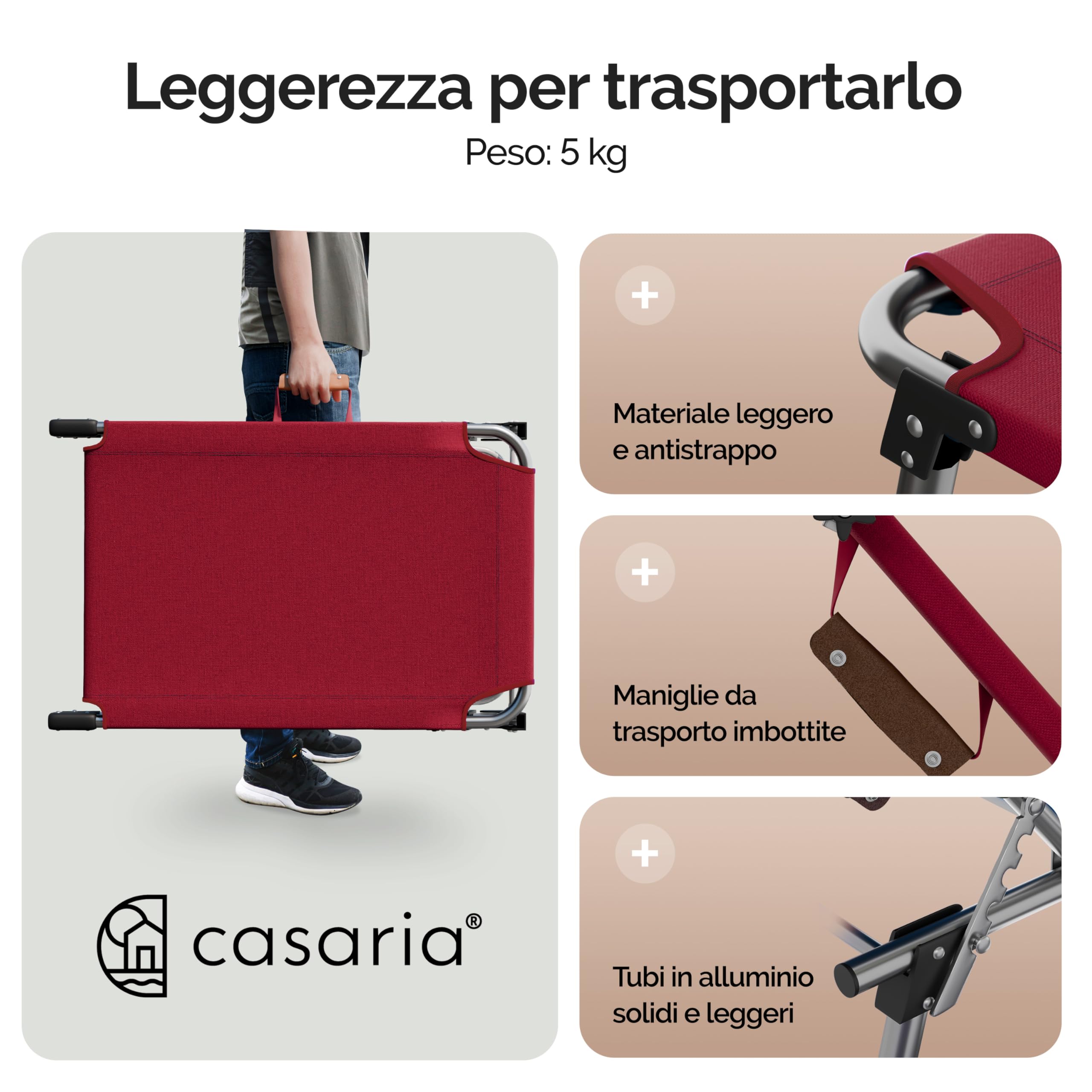 CASARIA® Lettino Ibiza 190x59cm Carico Max 150 Kg Pieghevole Sdraio Alluminio Prendisole Mare Giardino con Tettuccio Trasportabile
