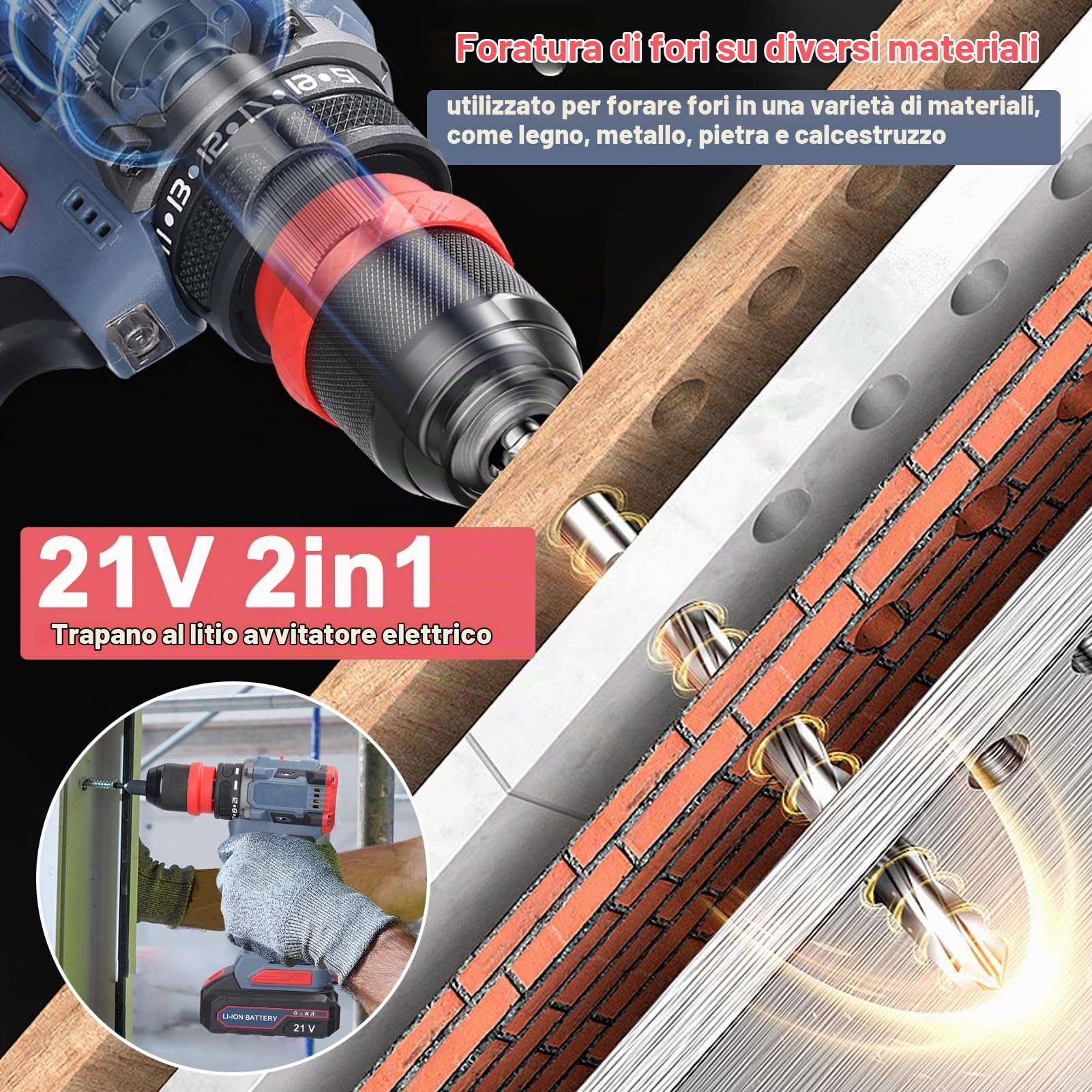 Weytoll Trapano Avvitatore Batteria 21V 2in1 Motore brushless con coppia di 55 Nm per elettrodomestici Installazione di mobili Riparazione di componenti elettronici automobilistici