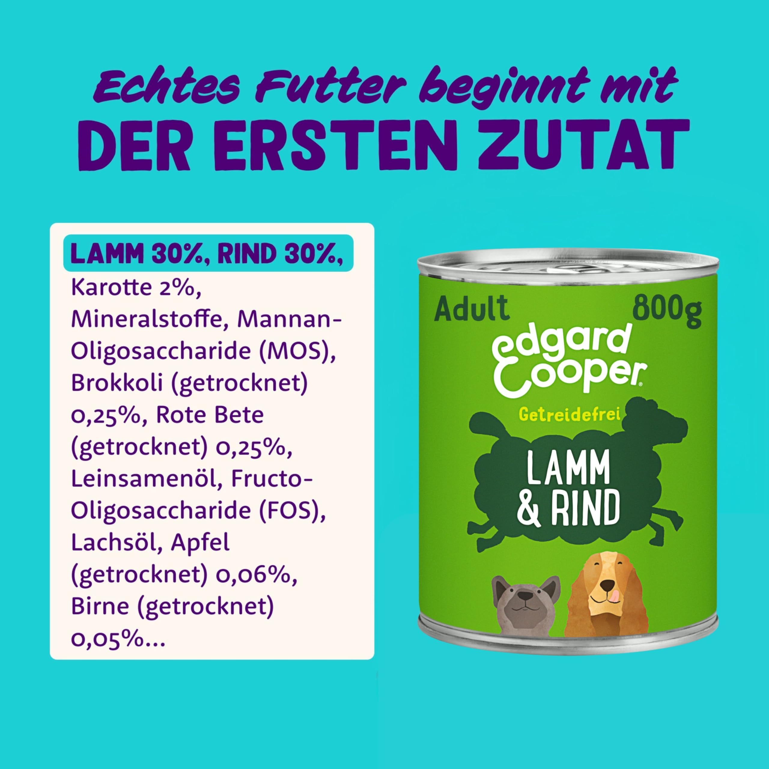 Edgard Cooper Nourriture Humide pour Chiens (Agneau et bœuf, 800 g x 6), Nourriture Humide pour Chien 800 g, sans céréales, ingrédients naturels et Viande fraîche, Pleine d'acides aminés Essentiels