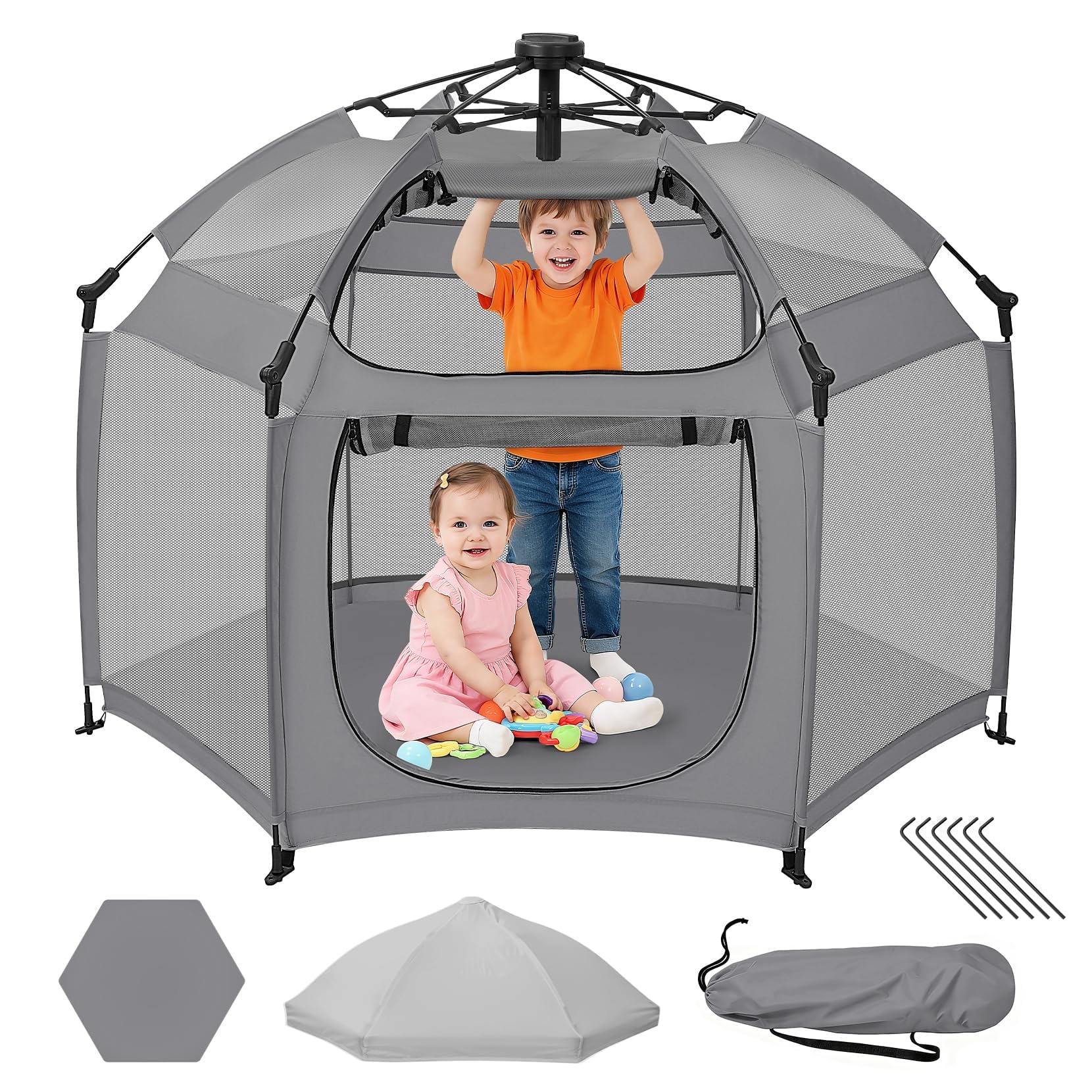 Dripex Baby Playpen, Portable Pop Up Playpen with Canopy, Beach Tent Grey