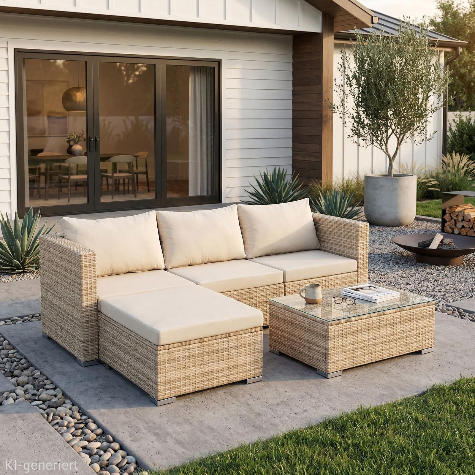 SVITA Queens Gartenlounge 5-teilig Polyrattan Lounge Set wetterfest Garten Terrasse Balkon inkl. Kissen Glas Tisch Beige