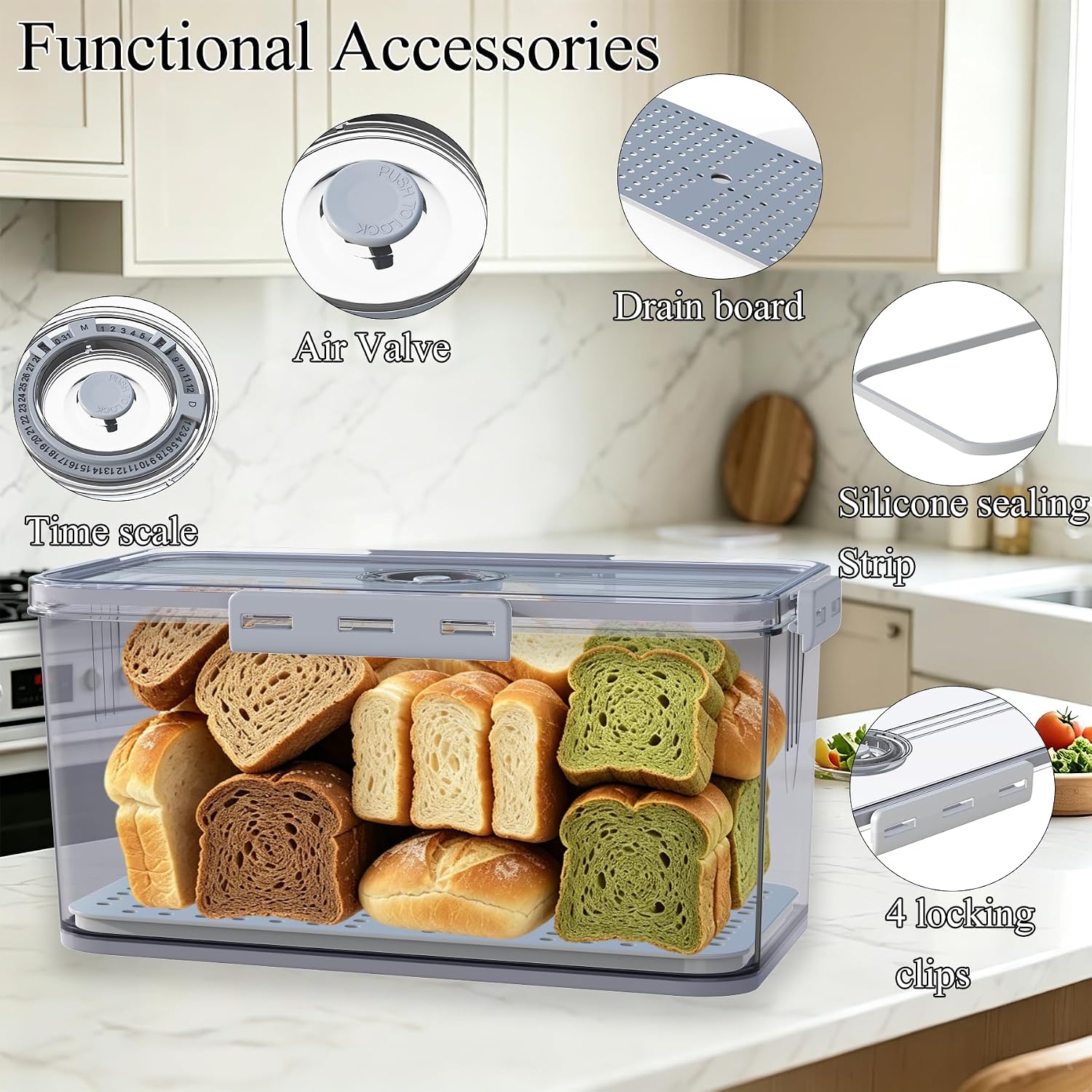 Clear Bread Box with Lid ,Time Recording Airtight Bread Container Grey