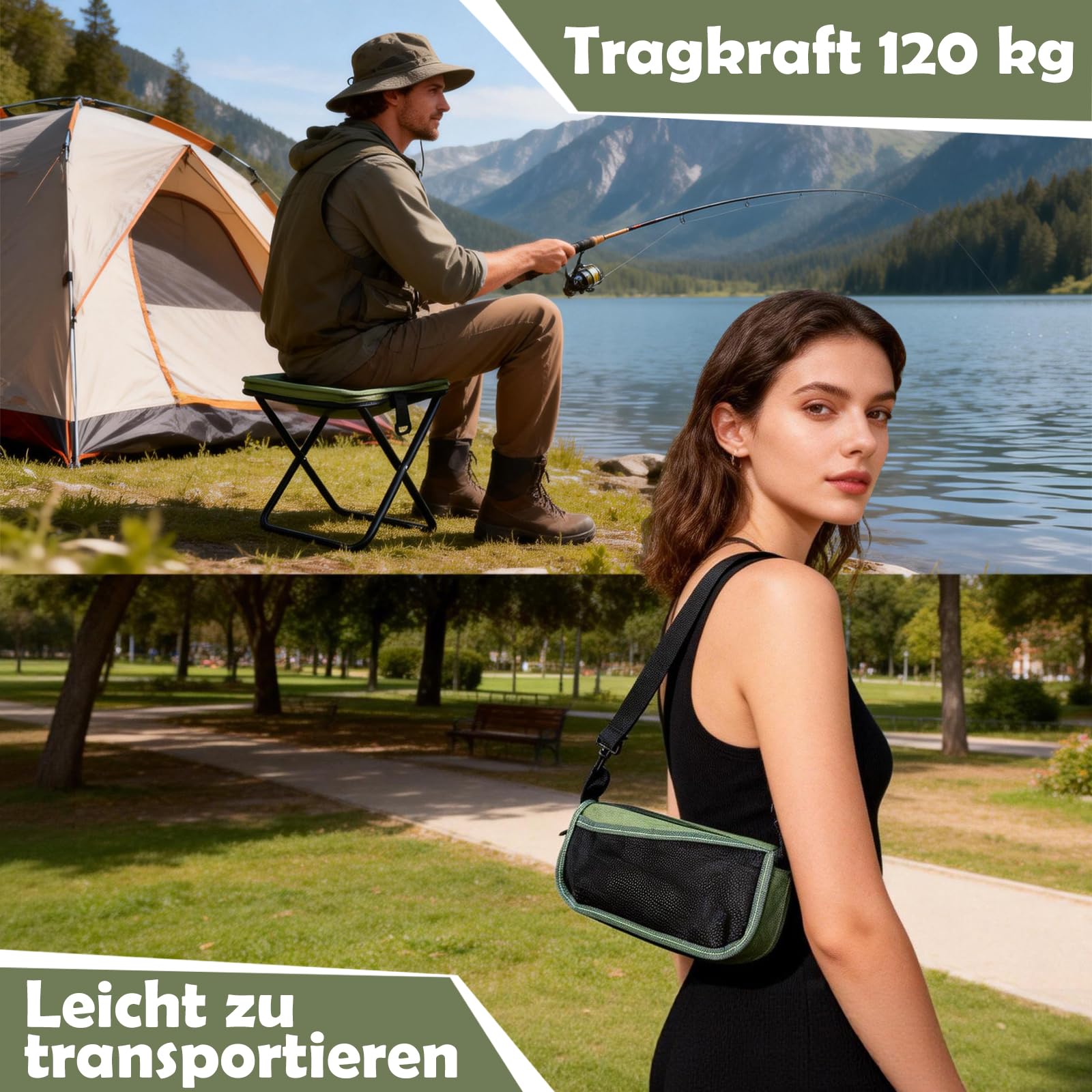 QottmezKlappstuhl Faltbar 33×26,5×32 cm – Leichter Campinghocker bis 120 kg, Tragbarer Klapphocker mit Tasche, Campingstuhl Klappbar Leicht für Wandern, Angeln & Camping Erwachsene (Grün)