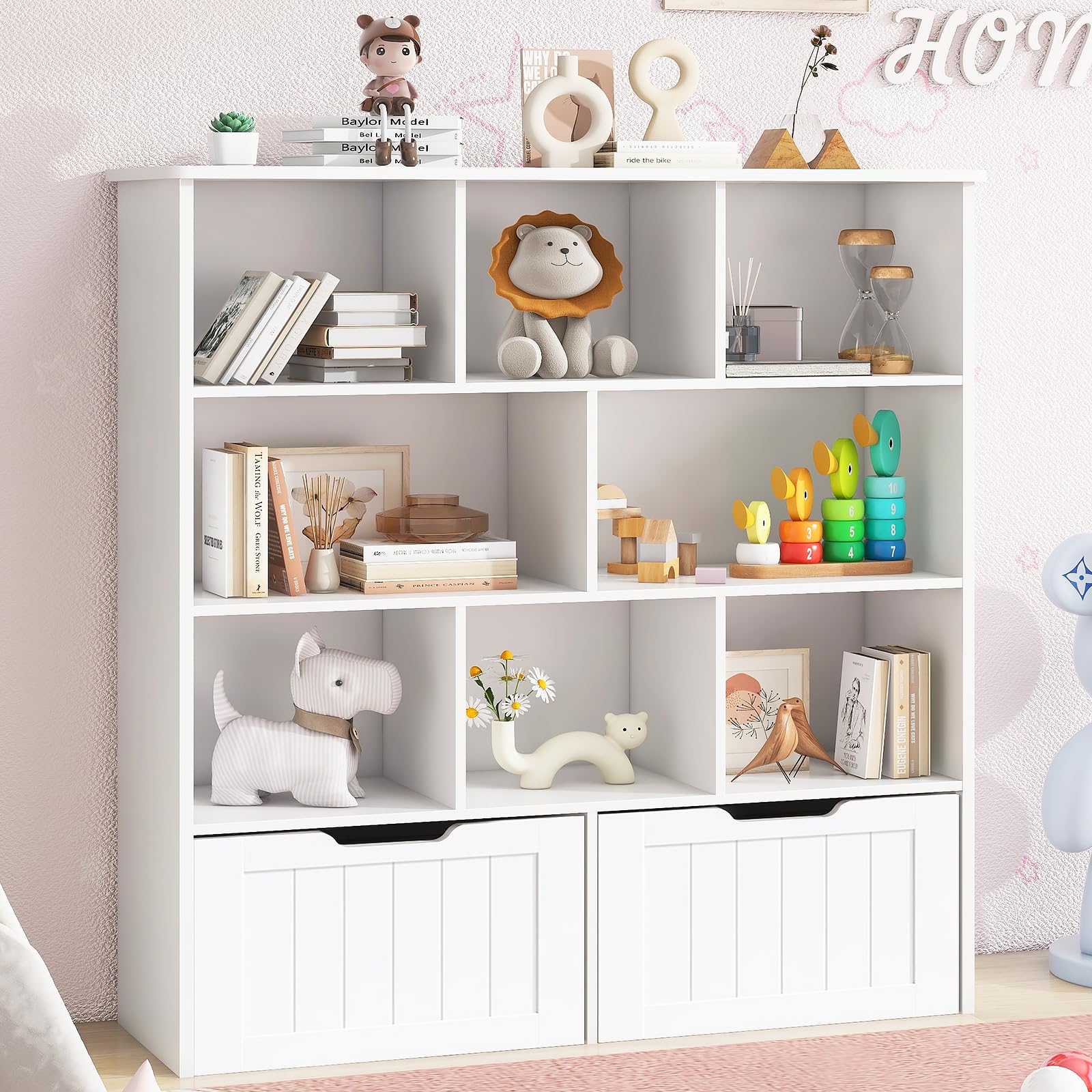 Toy Storage Organizer with Bookshelf, Large Toy Organizers and 2 Movable Drawers with Hidden Wheels and 8 Storage Cubbies, Kids Bookshelf and Toy Storage Chest, Playroom Furniture, White