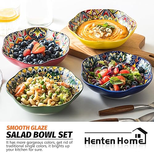 Miniatura 5 de Henten Home Juego de 4 cuencos de cerámica de loto, cuencos de porcelana estilo bohemio de 20 onzas para ensalada, aperitivos, helado, cuenco para