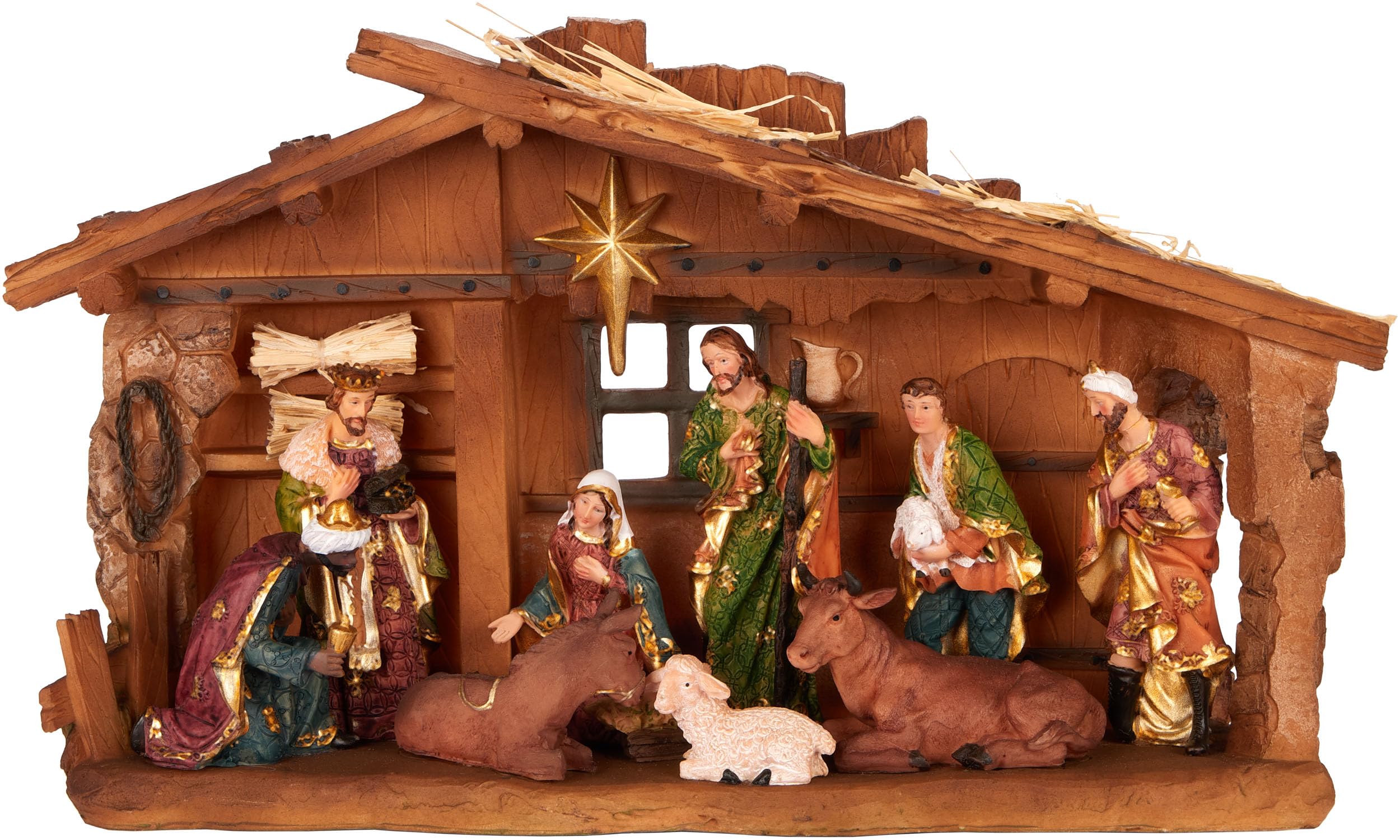 BRUBAKER Weihnachtskrippe - 40 cm Tischkrippe Weihnachtsfigur mit handbemalten Figuren Jesus, Maria, Josef und die Könige im Krippenstall unterm Stern - Krippenfigur Tischdekoration aus Polyresin