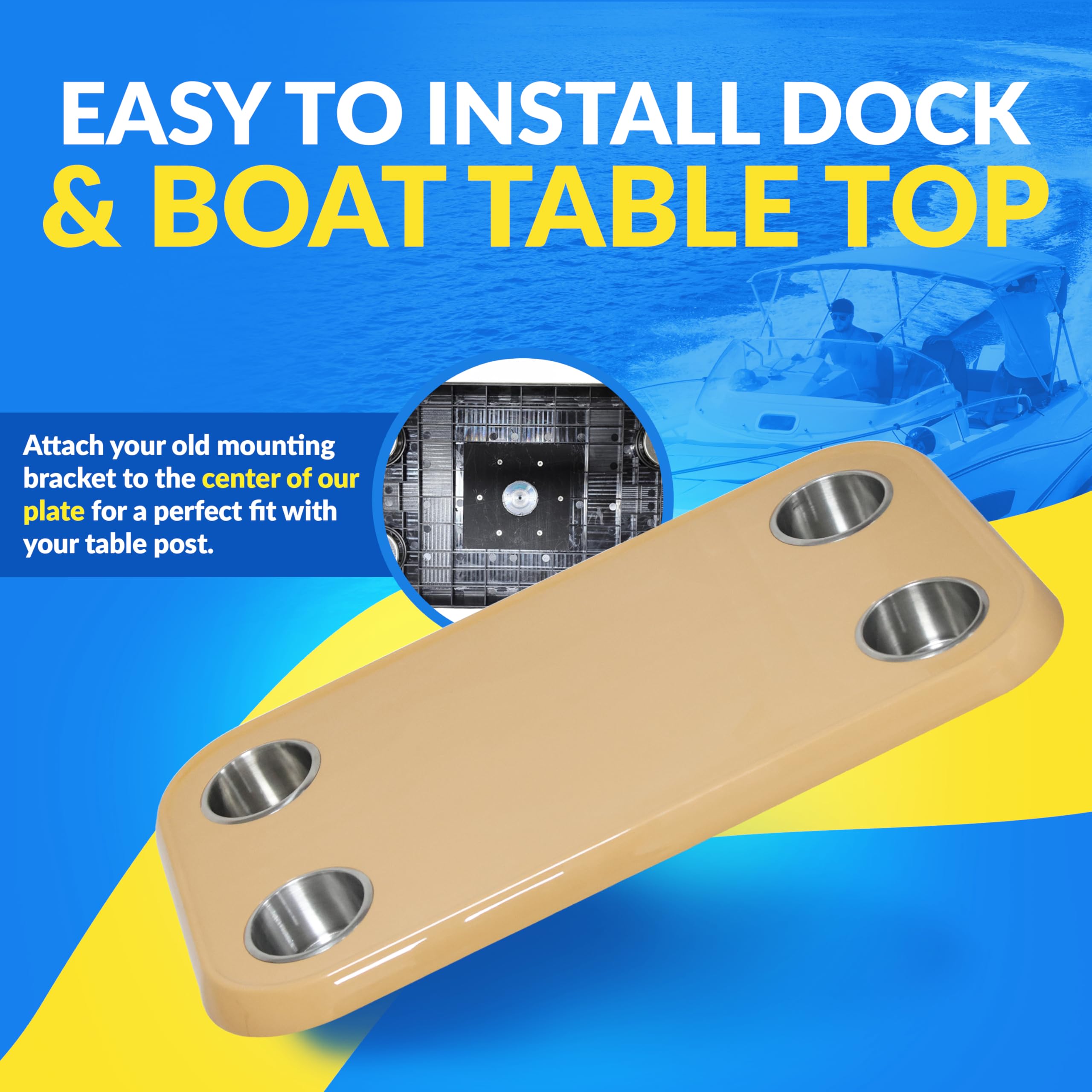 Taupe Luxury Pontoon Boat Tabletop - Mount Any Table Post Bracket to the Underside of the Top - No-Wobble Pontoon Table Flush Mount Design - Universal Mounting Plate Included – Available in 6 Colors