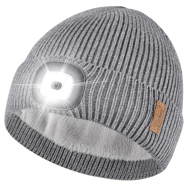 Etsfmoa Unisex Hat with Light Fleece Lined Beanie Warm Knit Hat Gifts for Men Women Rechargeable LED Cap
