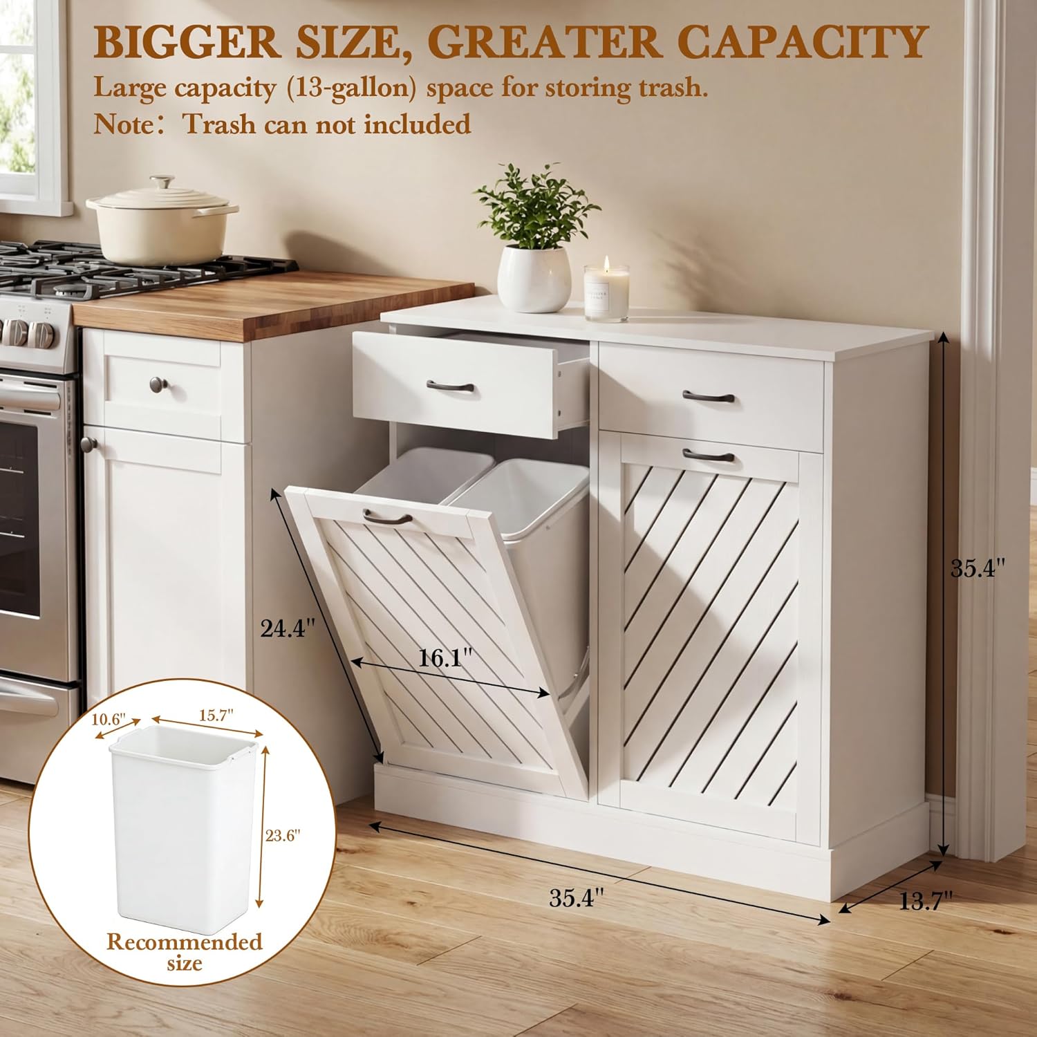 njnj 2x13 Gallons Double Tilt Out Trash Can Cabinet, White Hidden Kitchen Trash Cabinet with Storage Drawers, Pet Proof Hidden Garbage Can for Kitchen, Laundry Room, Bathroom Wood