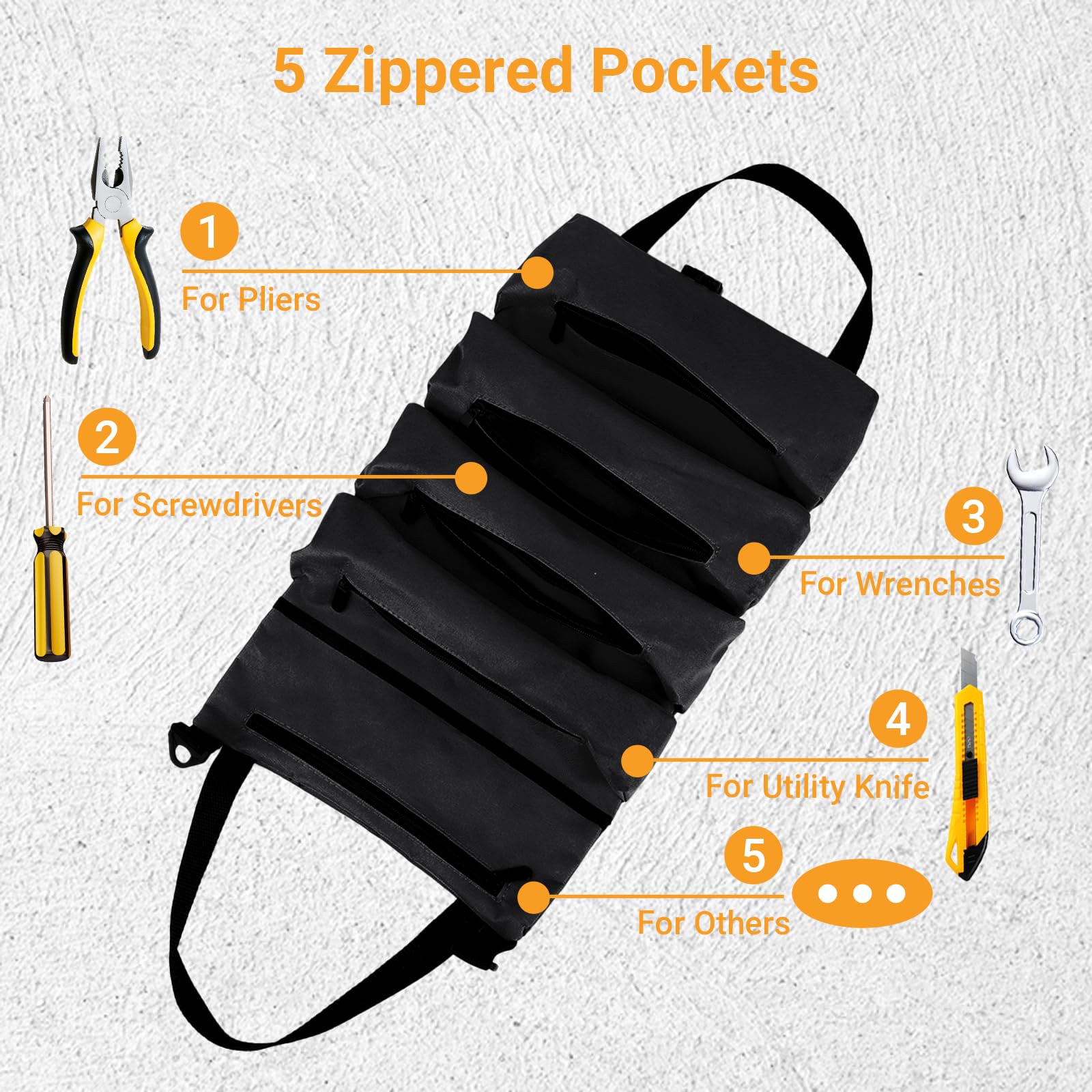 Borsa per Attrezzi Arrotolabile, Tasca Porta Attrezzi - Borsa Portautensili con 5 Tasche con Cerniera - Per Elettricisti, Idraulici, Falegnami, Uso Domestico, Auto e Moto (Nero)
