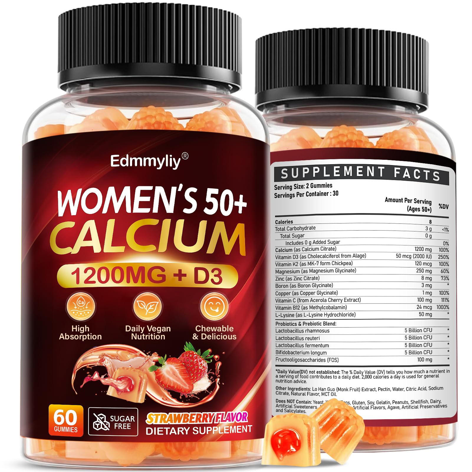 1200mg Calcium Supplements for Women 50+ - Chewable Calcium Citrate Gummies Strawberry 60 Count (Pack of 2)