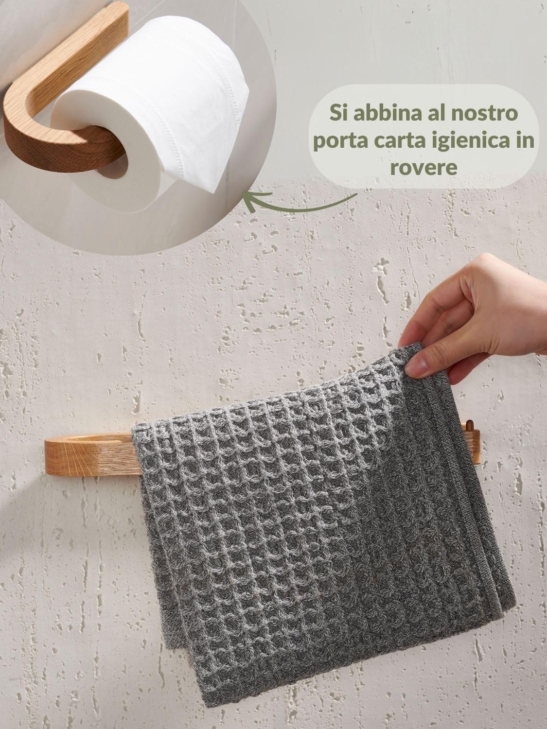 DEKAZIA® Portasciugamani Legno da Parete | Senza Forare | Porta Asciugamani in Quercia Sostenibile | Barra da Forare o Incollare | Portasciugamani Quercia | Portarotolo Cucina