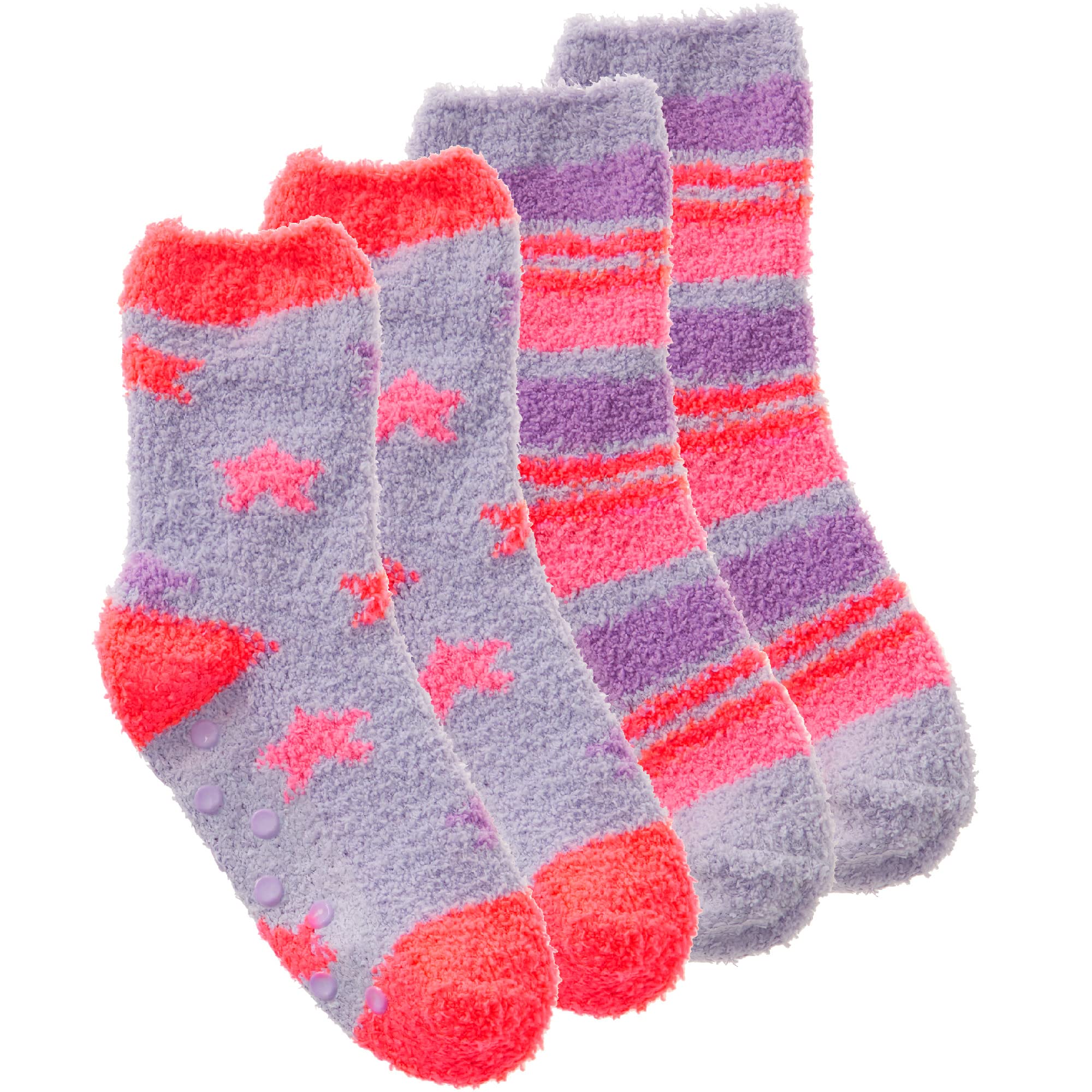 Metzuyan Kids Girls Fluffy Bed Socks Striped Stars Winter Socks with Grippers Non Skid Lilac UK 4-5.5