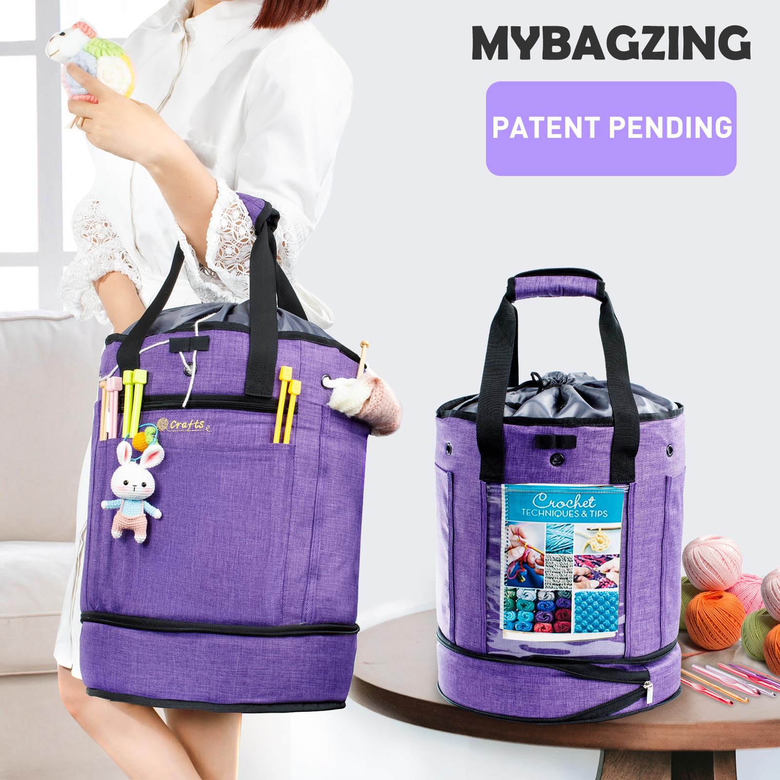 MYBAGZING Torba do robienia na drutach, duży organizer do przechowywania przędzy, torby i torby na szydełkowanie, etui na przędzę do robienia na drutach, haczyki do szydełkowania (fioletowy-Ⅱ)