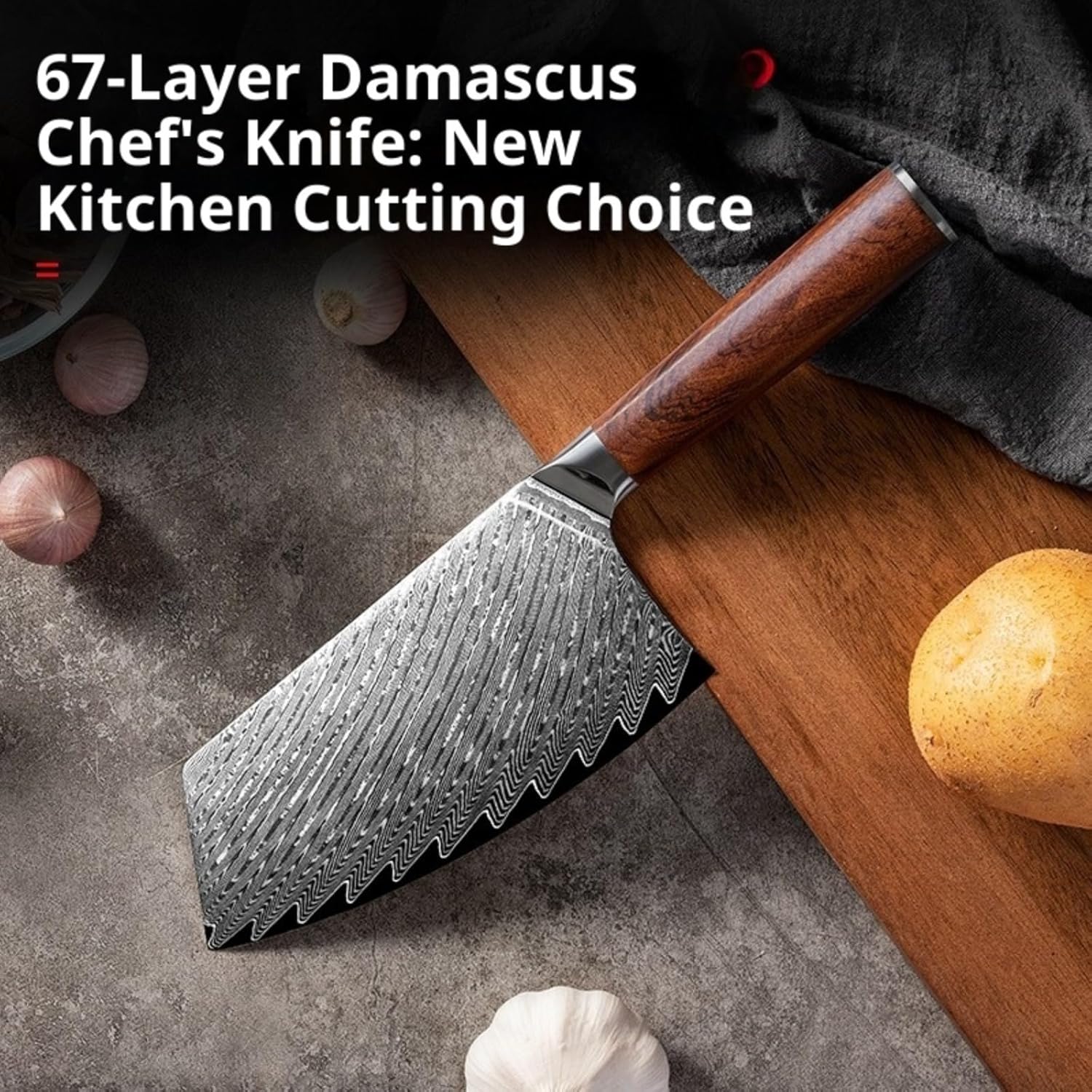 Flexible Series Meat Cleaver with Solid Wood & Ergonomic Handle, VG-10 Stainless Steel Damascus Kitchen Knife for Home, Restaurant & Outdoor BBQ Meat Cutting (Meat Knife)