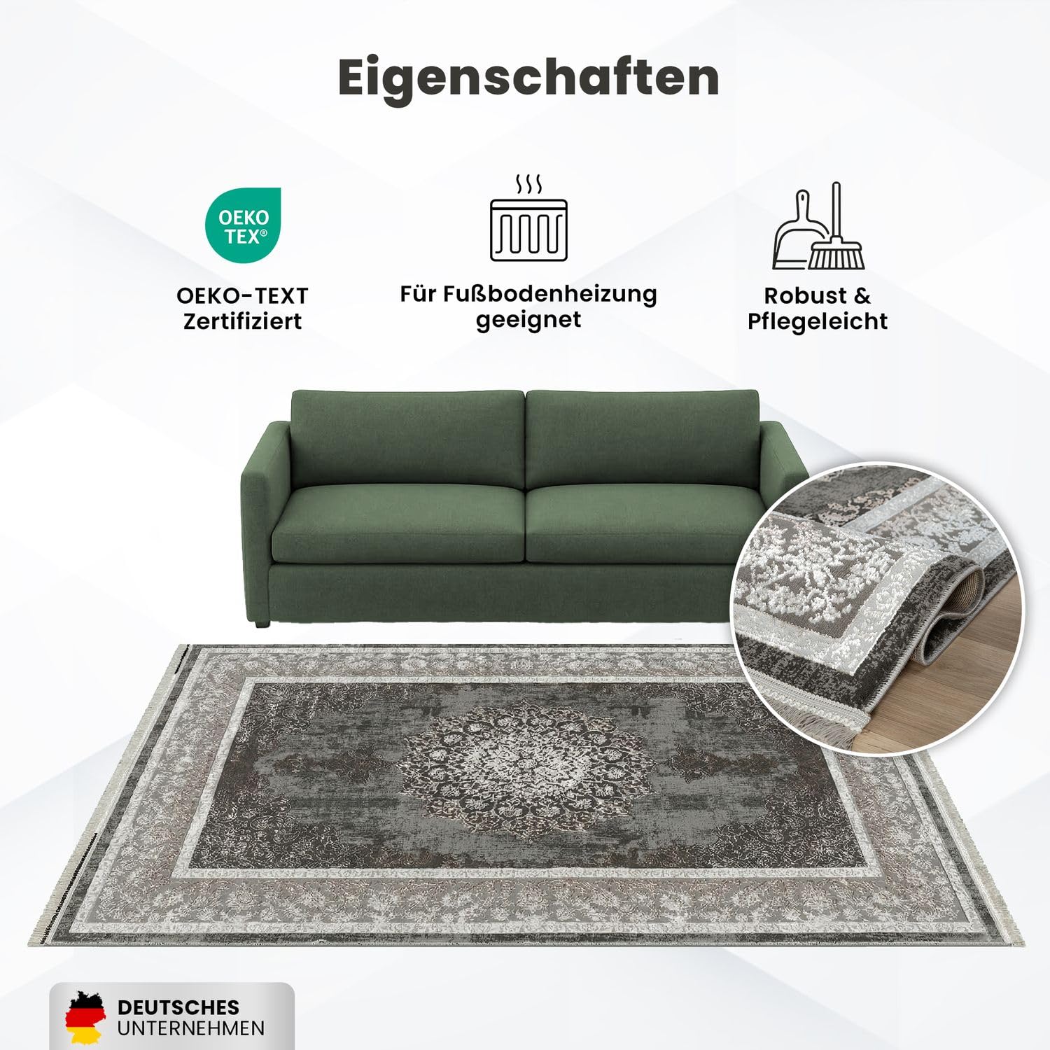 VIMODA Teppich Kurzflor Moderner Teppich mit Ornament-Muster – Pflegeleicht & Robust – Für Fußbodenheizung geeignet,Farbe:Grau;Maße:240 x 340 cm