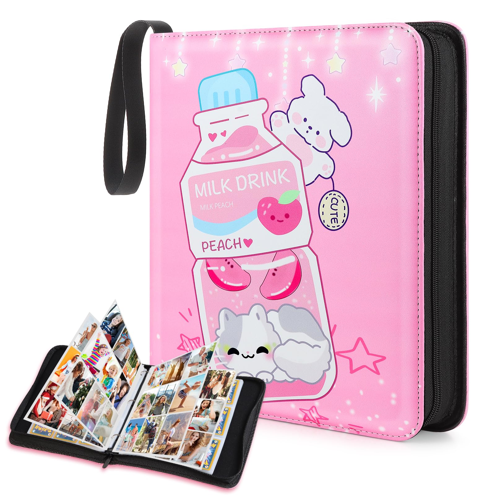 Trading Card Binder,900 Cards Collectible Trading Card Holder Case with 50 Sleeves, 9 Pocket for TCG Game Cards Collection Sports Trading Cards Collector Album (Pink milk bottle, 900 Pockets)