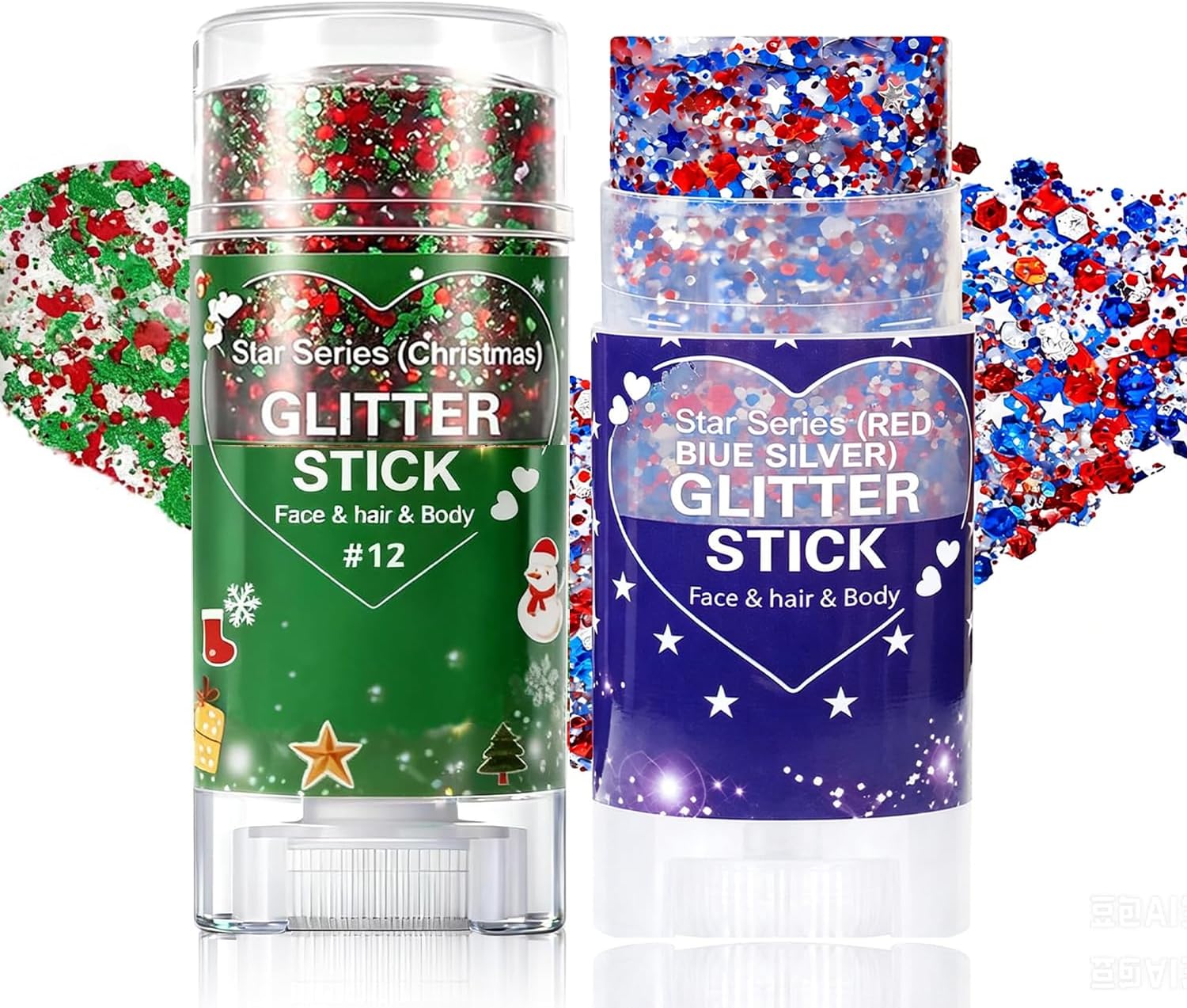 2PCS Patriotic Red White Blue Green Body Glitter Stick,Waterproof