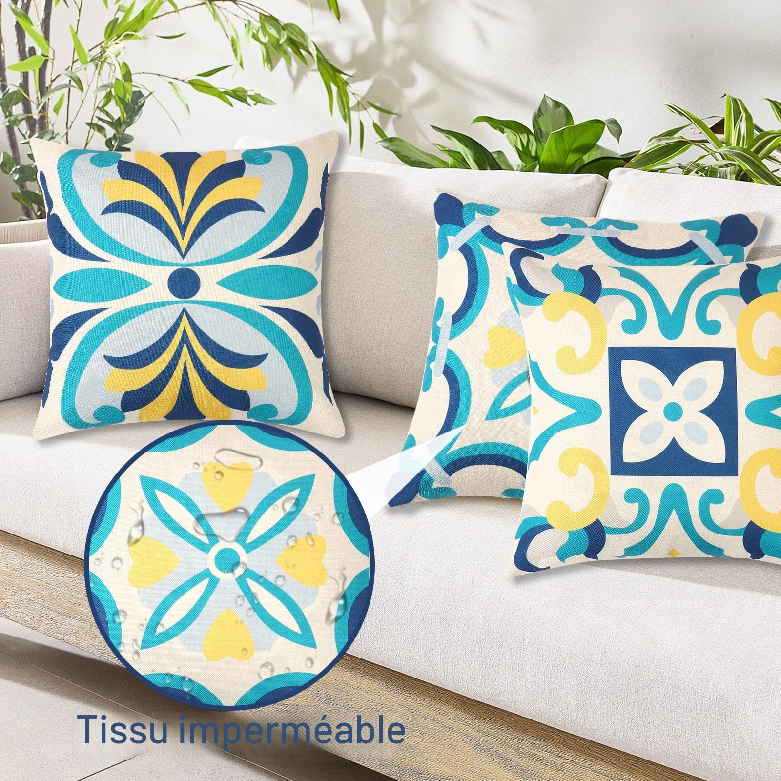 Dremisland Lot de 4 Coussin Exterieur Impermeable 45 X 45 cm Housse de Coussin Imprimées Florales Bleue Coussins de Jardin Boho Coussins Décoratifs Taie d'oreiller pour Balcon Salon Terrasse Jardin