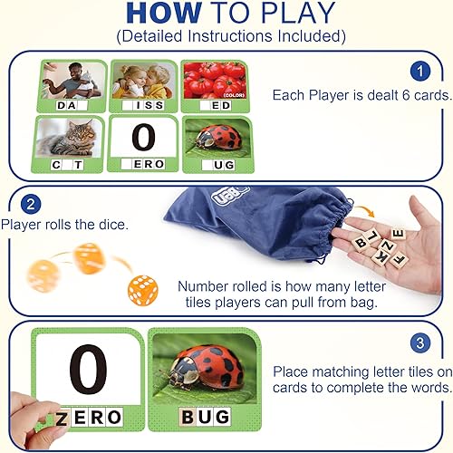 Miniatura 8 de BenBen Juegos de ortografía, juegos de palabras CVC con 224 tarjetas de memoria, actividades de aprendizaje preescolar para 2 a 6 jugadores, juegos