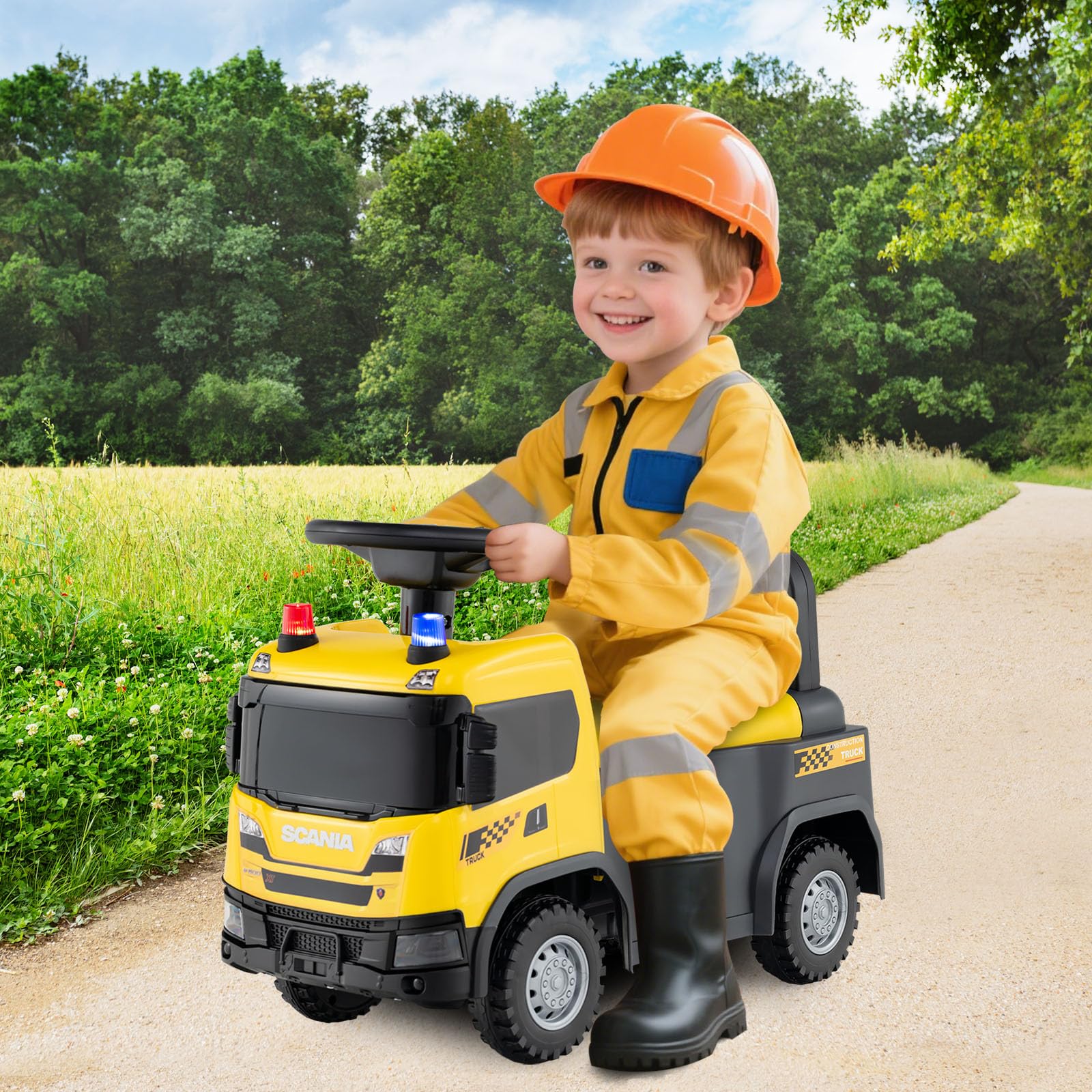 GOPLUS Camión de Construcción de Juguete Licenciado Scania, Coche Correpasillos para Niños con Luces, Sonidos y Almacenamiento Bajo Asiento, Coche Deslizante de Pies al Suelo, 18+ Meses (Amarillo)