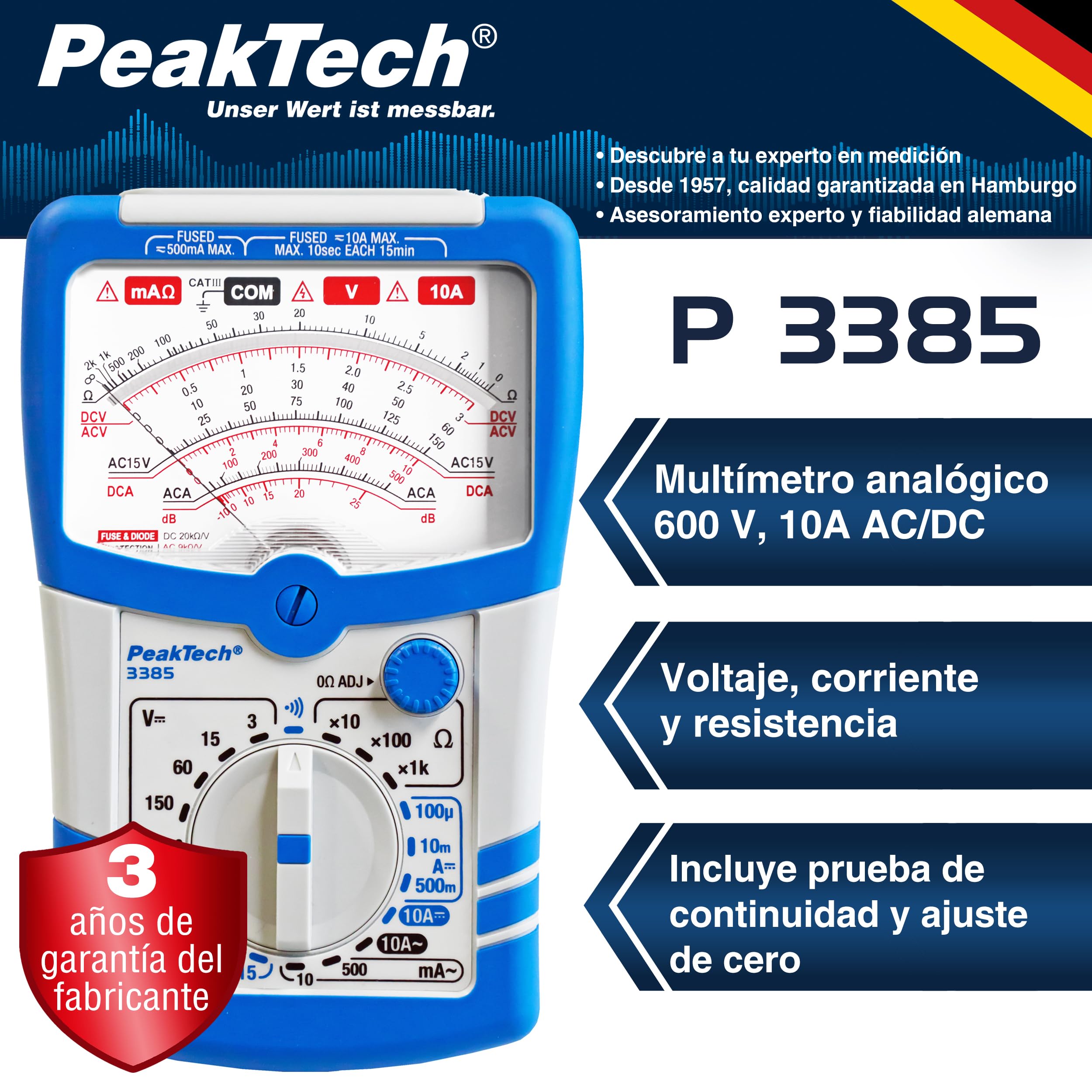 PeakTech, Multímetro analógico P 3385, Aparato de medida con voltímetro, amperímetro, comprobador de continuidad, ohmímetro, Hasta 600V AC DC 10A, Apto para instalación eléctrica de 230V