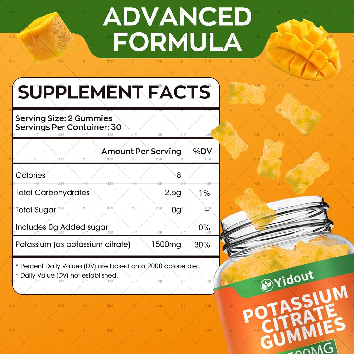 Potassium Citrate 1500mg Gummies-Support Leg Cramps & Muscle Health, Potassium Gummies for Adults & Kids,Vegan, Non-GMO, Mango Flavor (60 Count（Pack of 1）) - Image 2