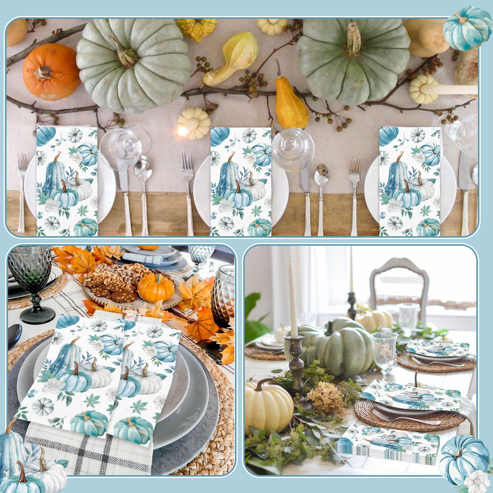 100-Pack Autumn Fall Paper Napkins - Light Blue & White Striped Scalloped Design (Disposable Party Napkins) - View #13