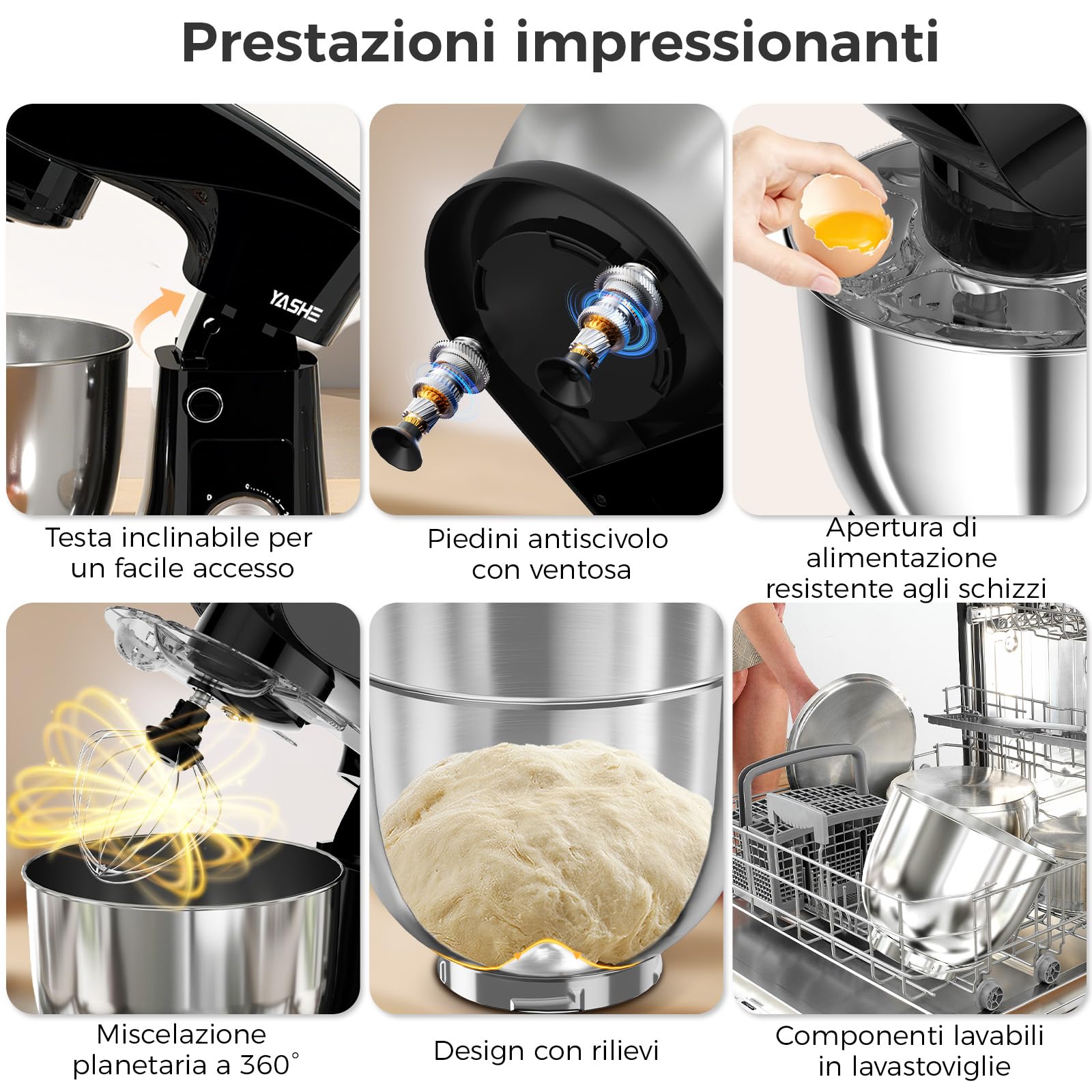 YASHE Impastatrice Planetaria 1500W, 2 Ciotole in Acciaio Inox 4,5L + 5L, 10+P Velocità, Testa Inclinabile, con Gancio Impastatore, Frusta e Sbattitore
