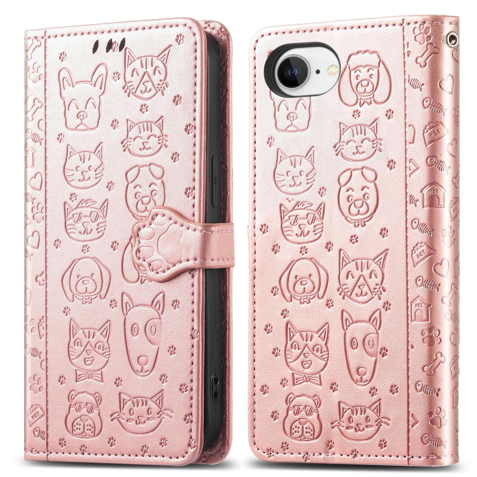 Etui na iPhone'a 17e, skórzany portfel premium z wytłoczonym wzorem uroczego kota psa [przegródki na karty] [podpórka] [wewnętrzna powłoka TPU] etui z klapką, różowe złoto