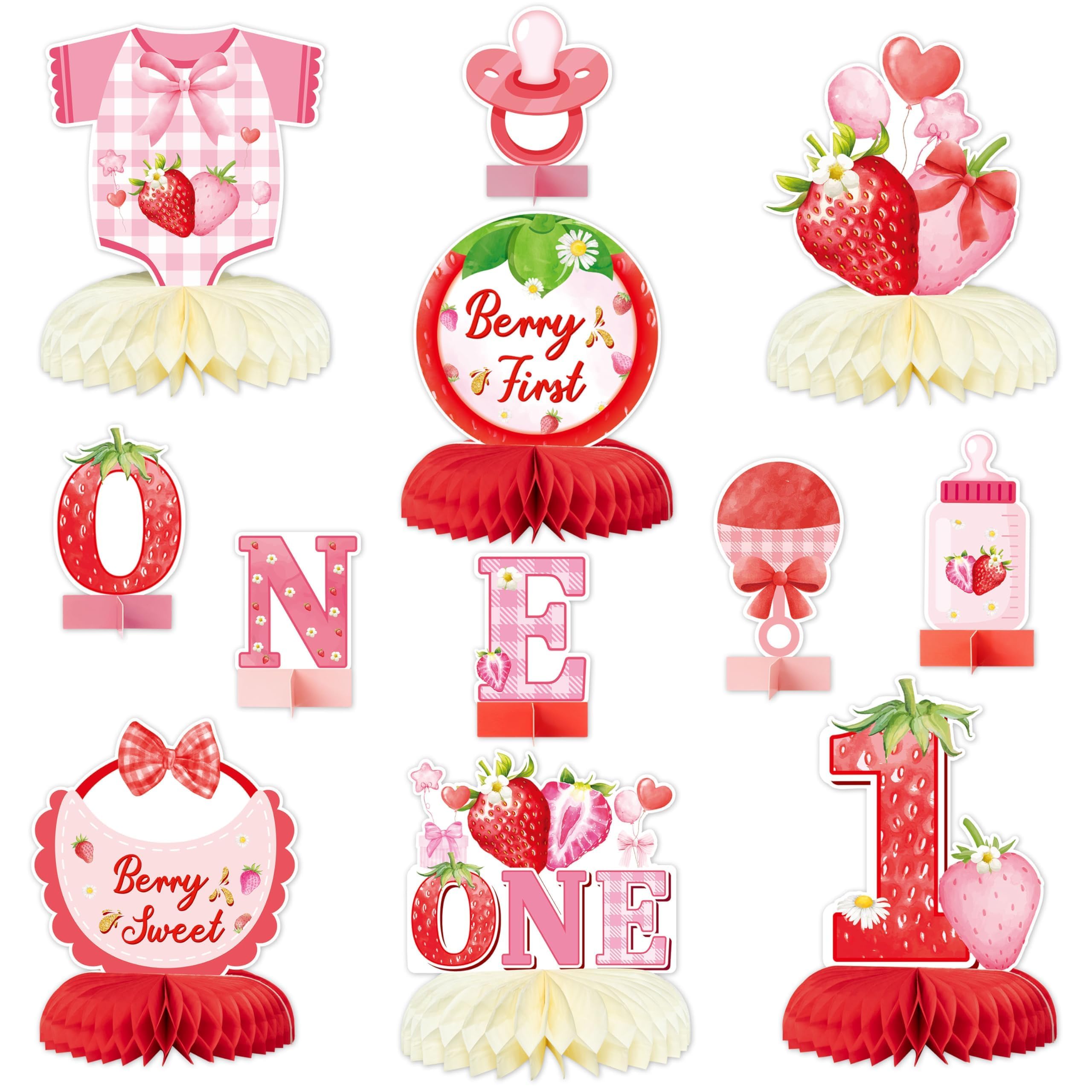 ANGOLIO Valentine's Day Gifts 12Pcs Berry 1st Birthday Decoration Strawberry Honeycomb Centerpieces One Table Topper Red Strawberry Table Decor for