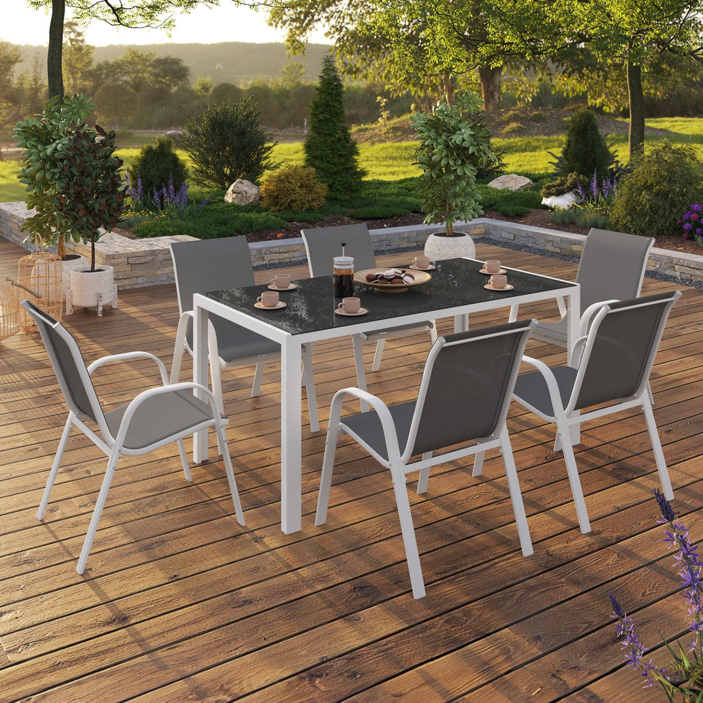 IDMarket - Salon de Jardin Madrid Table 150 CM et 6 chaises empilables Blanc et Gris