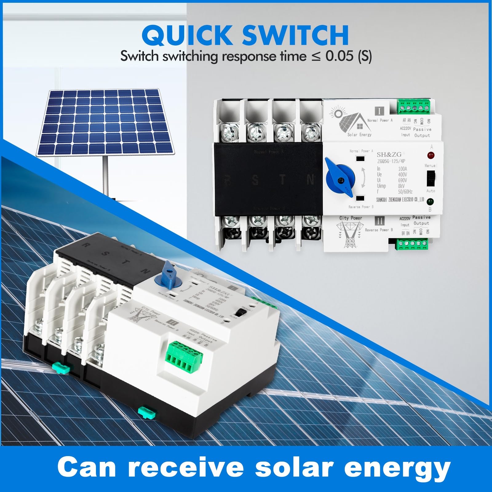 Jadeshay Interuptore di Transferencia Automatico a Doppia Alimentazione,Commutatore di Trasferimento Automatico Fotovoltaico ZGQ5G-100A/4P 220V ATS,per Elettricità Municipale