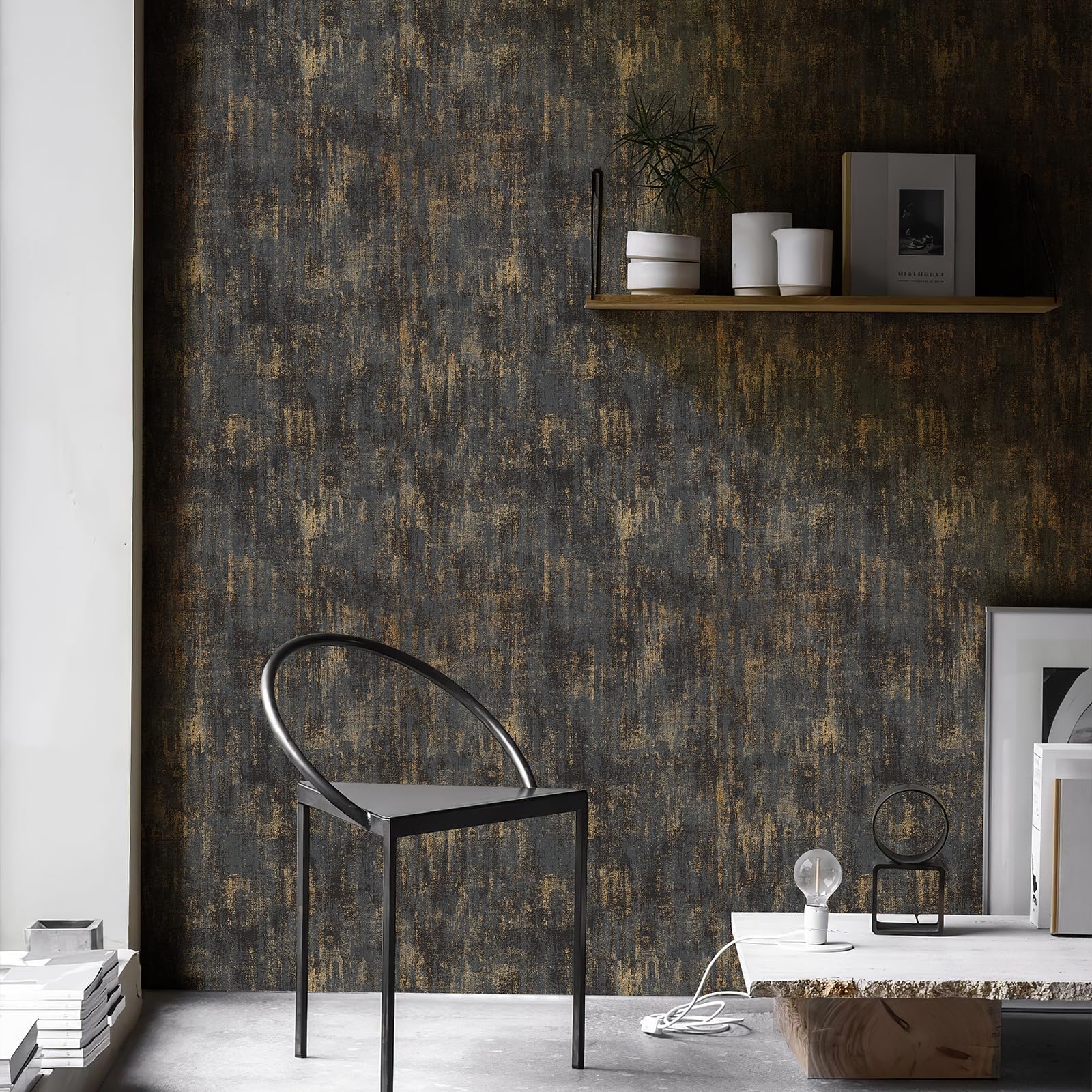 Simon&Siff Black and Gold Textured Wallpaper Distressed Industrial Metallic Wallpaper 17.3in x 39.4ft Non Woven Wall Paper for Bedroom Livingroom 3D Embossed Traditional Wall Paper Non-Pasted