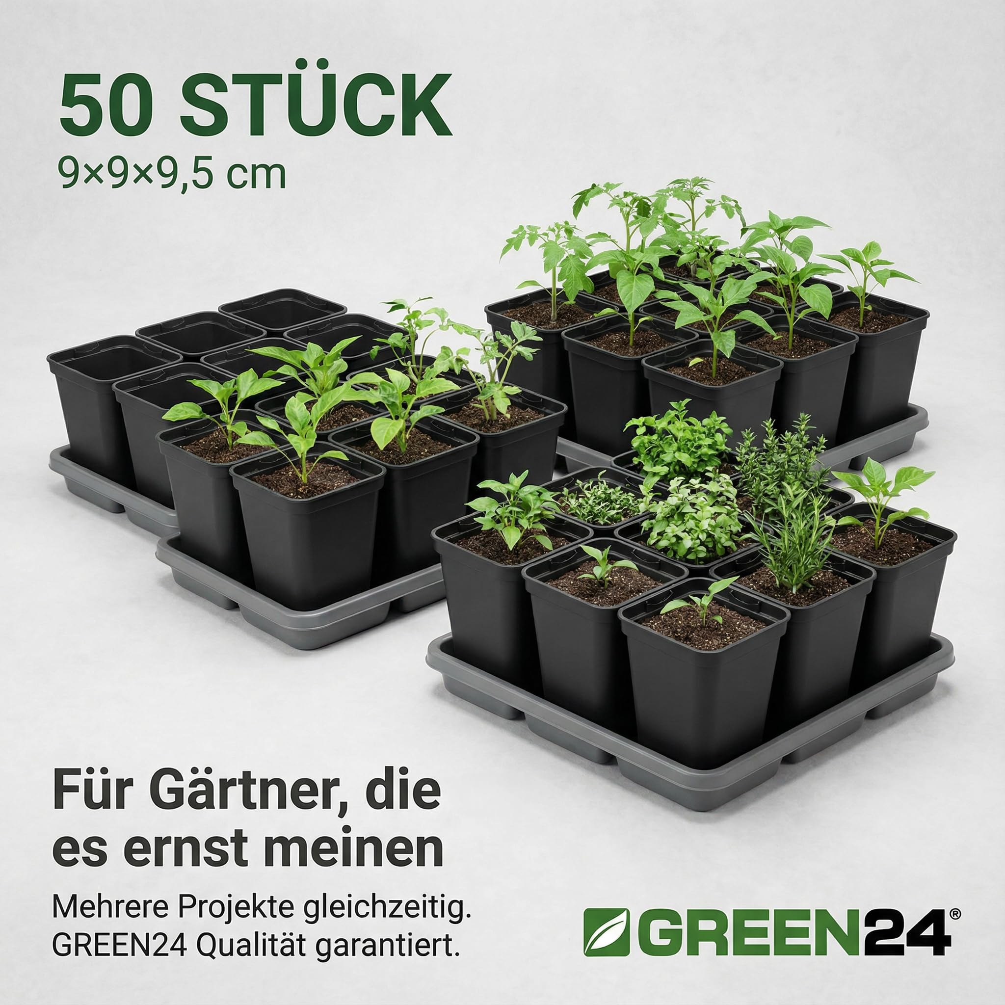 GREEN24 50 Stck. Pflanztpfe 9x9x9,5cm Vierecktopf Profi Anzuchttopf  Pflanztopf Blumentopf Vierkant-Tpfe (50, 9x9x9.5), schwarz, innen & auen  geeignet: Amazon.de: Garten