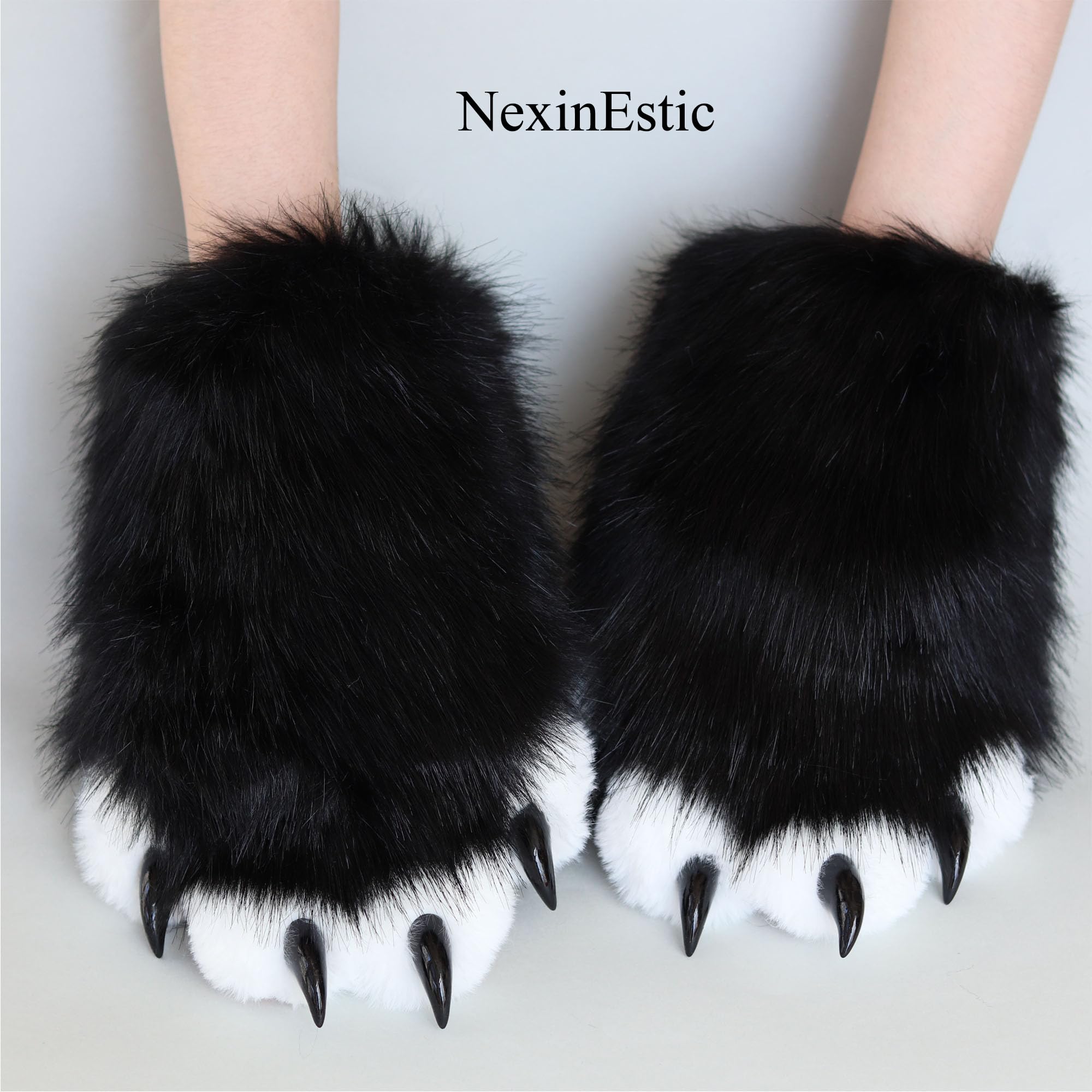 NexinEstic Black&White Therian Paws Comfy Furry Paws Faux Fur Fursuit Paws, Cute Cat Paw Gloves Therian Gloves with Claws - Image 3