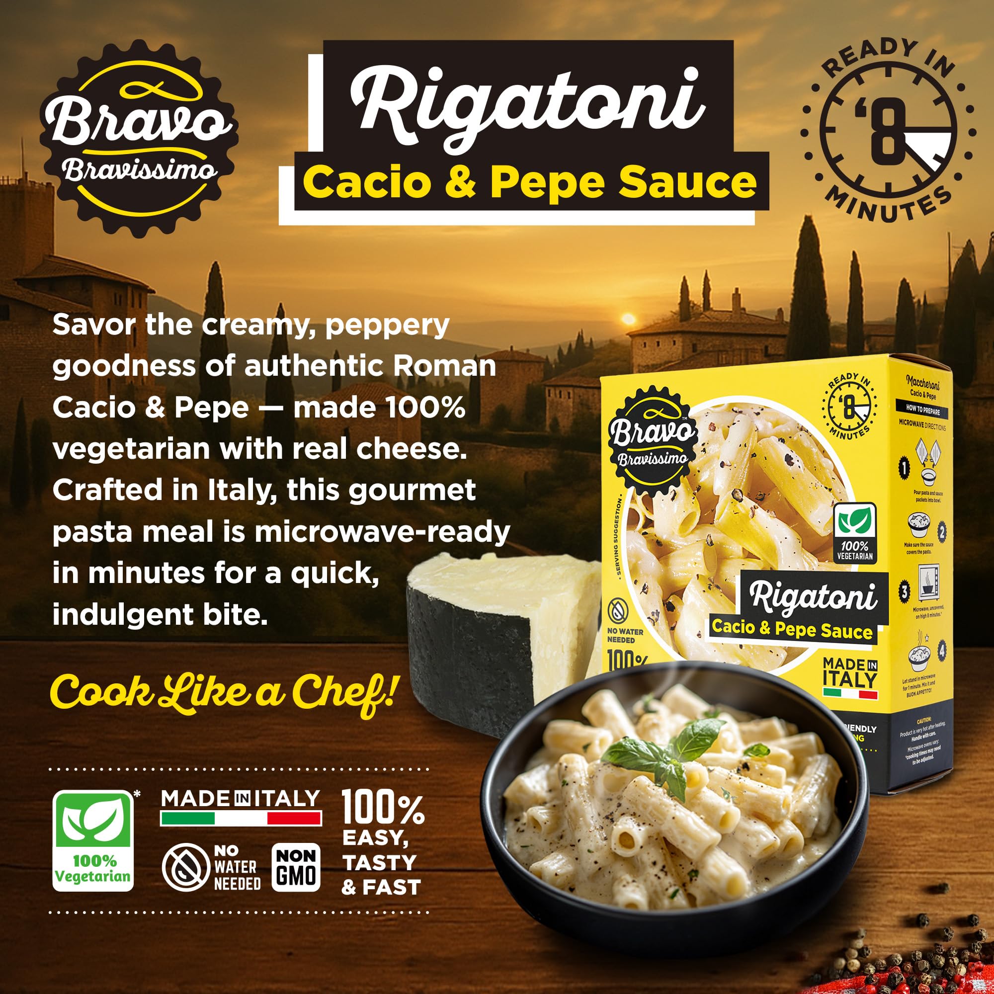 Bravo Bravissimo Rigatoni Italian Pasta Meal - Gourmet, 100% Vegetarian, Cacio & Pepe Sauce Flavor, Microwaveable, Ready in Minutes, No Refrigeration, Perfect for Quick Meals - 14.64 oz, 6 Pack