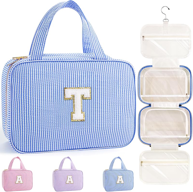 Necessaire suspensa de viagem TOPEAST com compartimentos, gancho giratório e patch com inicial T, azul