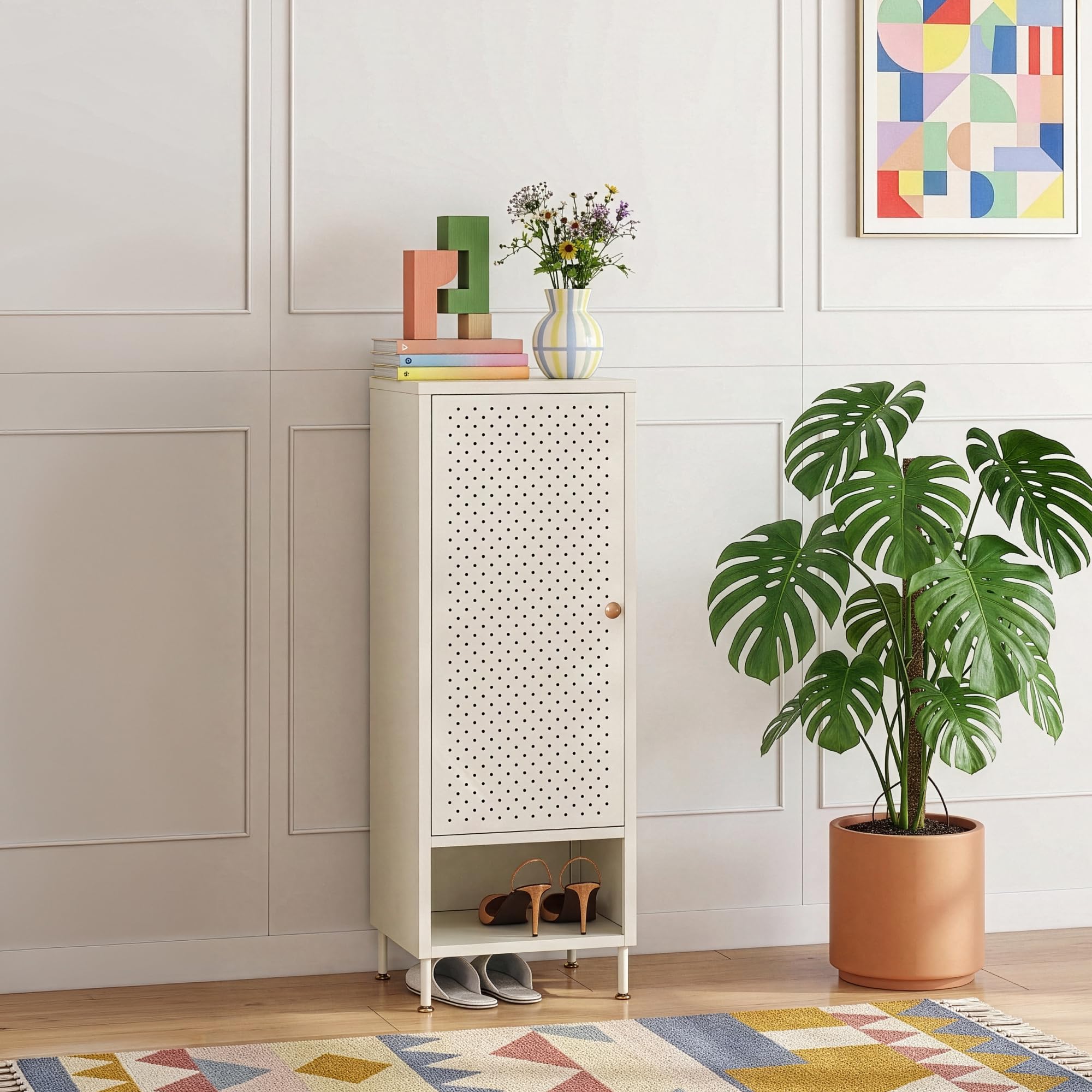 [en.casa] Scarpiera in Acciaio ad Anta Traforata Mobile Contenitore Portascarpe con 3 Ripiani Regolabili e Scomparto Aperto Armadietto Multiuso da Ingresso Corridoio 115 x 43 x 35 - Bianco Crema