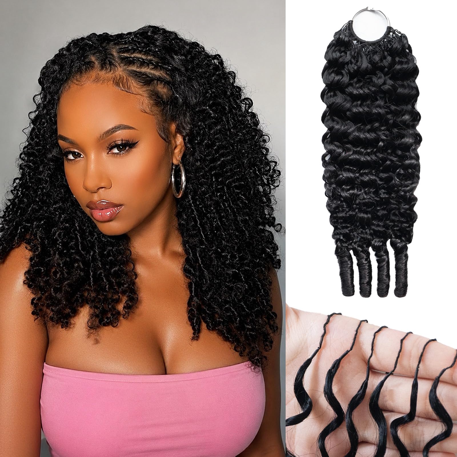 Extension di capelli umani ricci birmani all'uncinetto, per donne nere, con piume pre-separate, capelli umani invisibili, nodi miracolosi, 60 g, leggeri e riutilizzabili (45,7 cm)