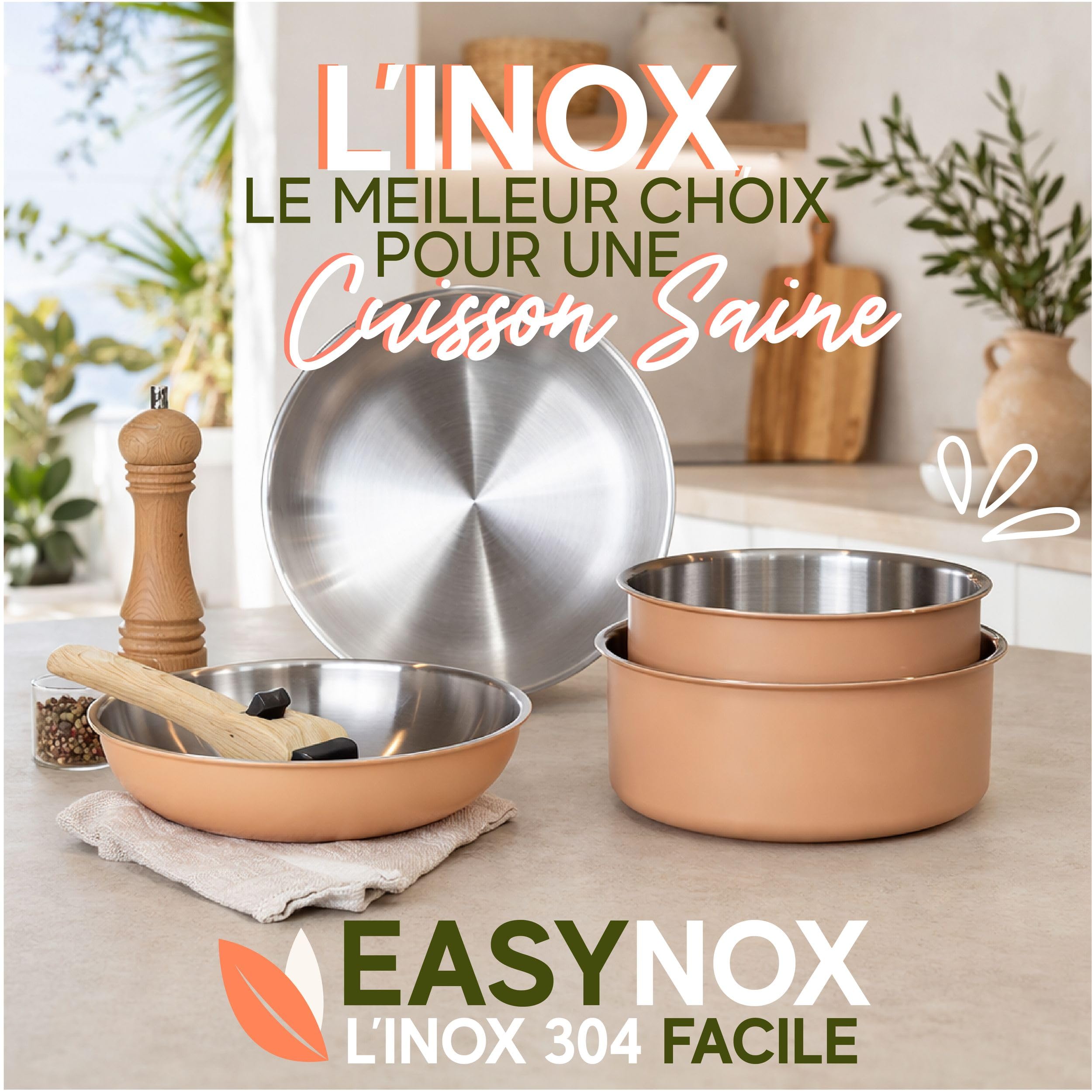 MENASTYL - Batterie de cuisine amovible en inox 18/10 induction 5 pièces Easynox - Acier inoxydable sans accroche - Sans PFAS, sans PTFE - Tous feux dont induction et lave-vaisselle - Corail - 6021016