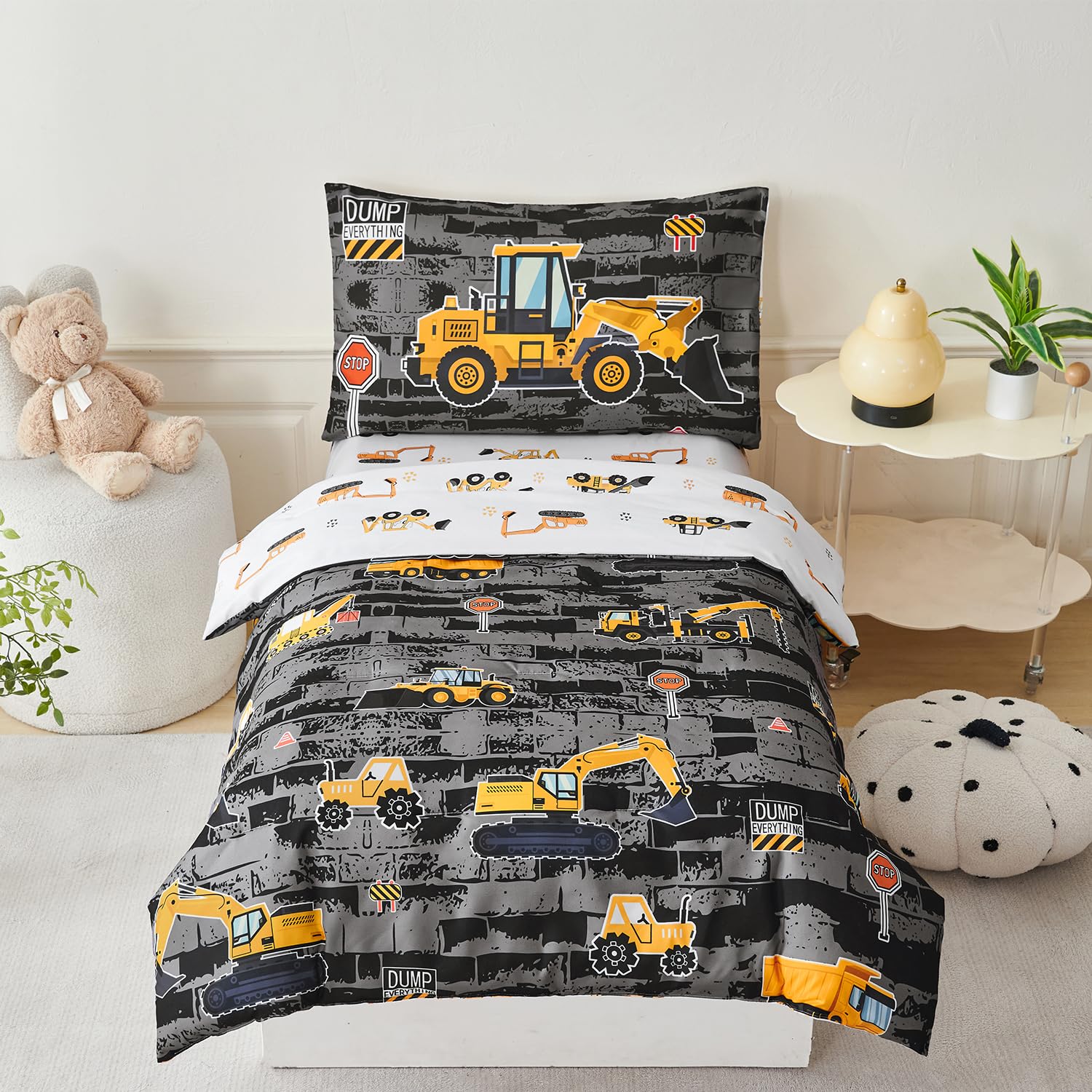 PERFEMET Construction Boys Toddler Bedding Set Truck Toddler Comforter Sets
