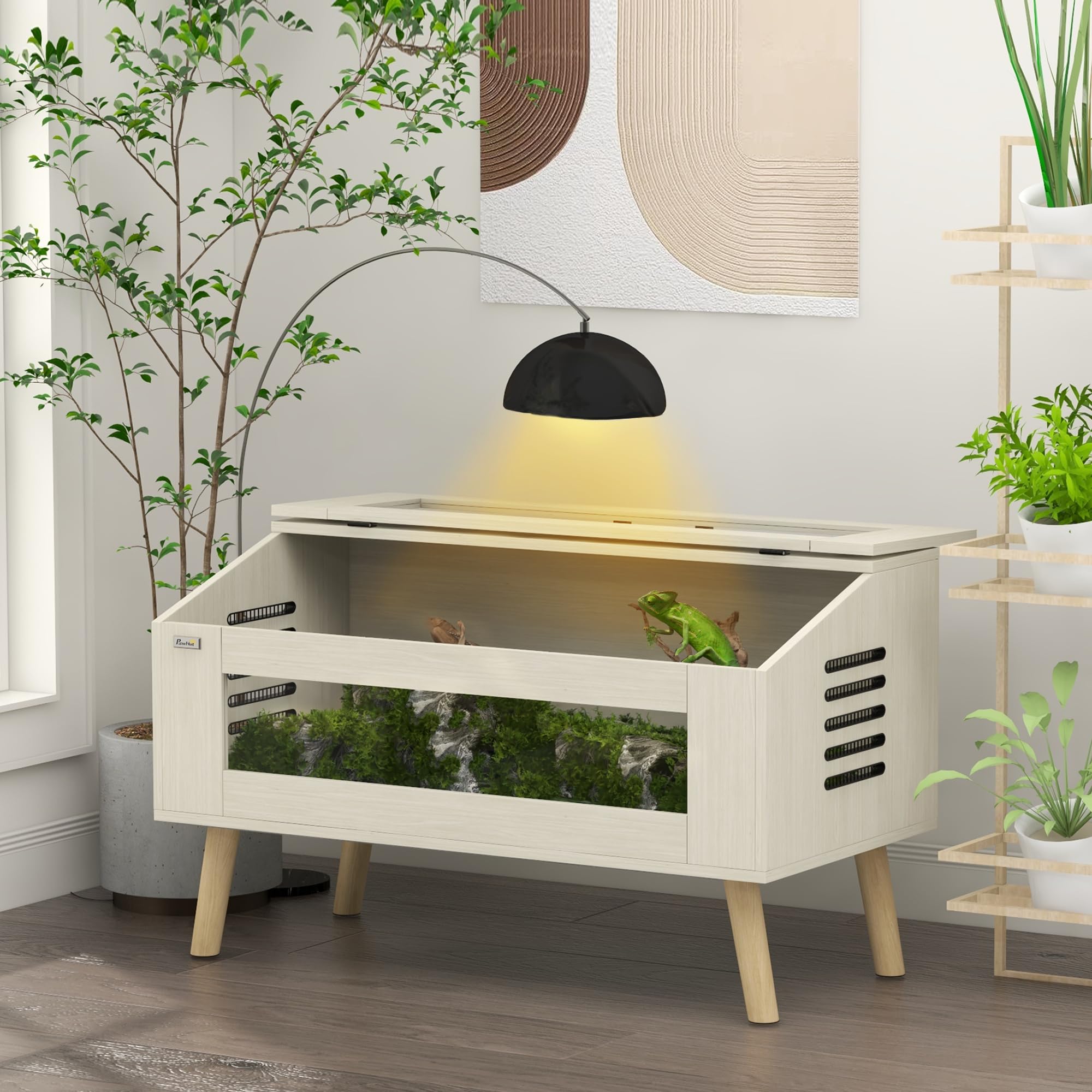 PawHut Terrarium para reptiles con ventilación lateral, Vivarium para serpientes 140L con ventanas de vidrio templado, tapa, 100x50x60 cm, madera natural