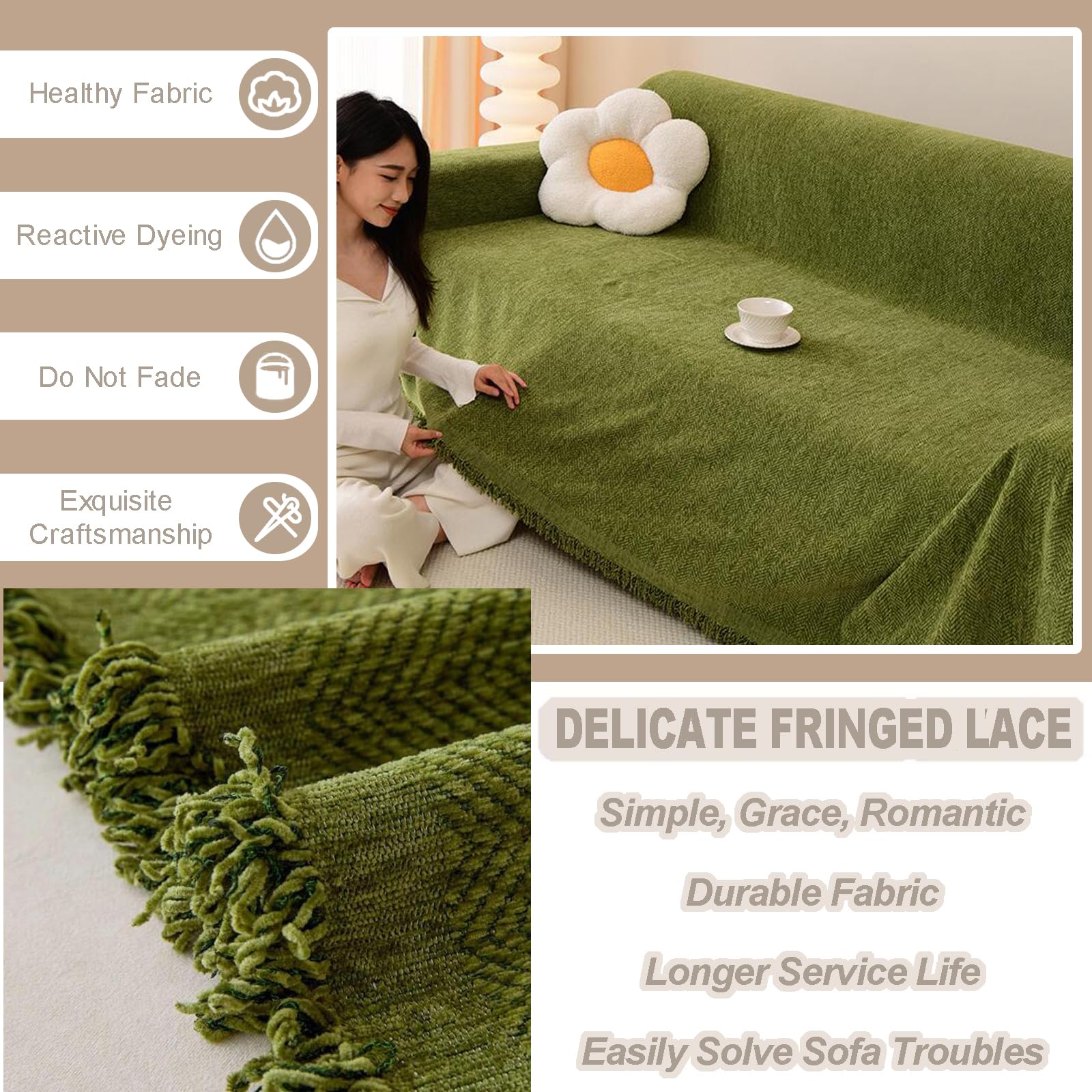 Plaid Ou Jeté De Canapé En Forme De L/U, 1 2 3 4 Places CombinéE Couvre De Canapé D'Angle Housse De Canapé En Chenille à Chevrons Couverture Polyvalente Pour Canapé Pause DéJeuner(180X230cm,Green 2)