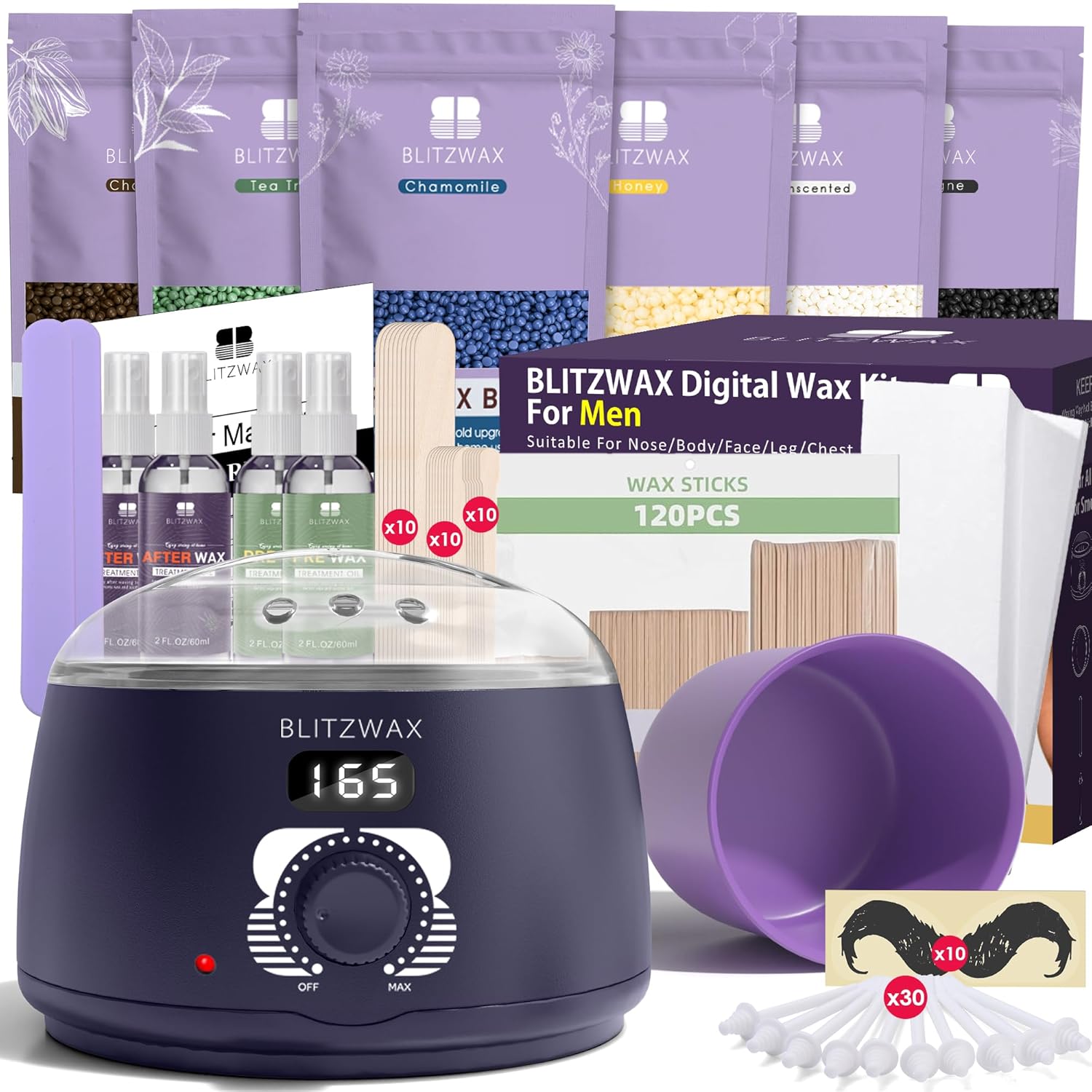 BLITZWAX Brazilian and Bikini Waxing Kit for Men With 120 Wooden Waxing Sticks and 30 Wax Papers, Hard Wax Warmer for Face, Legs, and Body, At Home Hair Removal Kit, Beginner Friendly