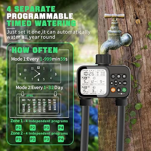Miniatura 3 de Temporizador de aspersor de 2 zonas para manguera de jardín, temporizador de agua de 8 mangueras programables con retardo de lluvia automático,