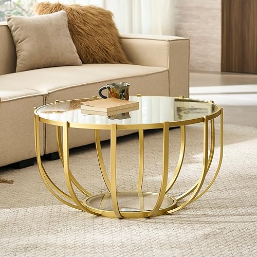 Saint Mossi Mesa de centro redonda de vidrio para sala de estar, moderna mesa central de vidrio de 2 niveles, parte superior de vidrio transparente