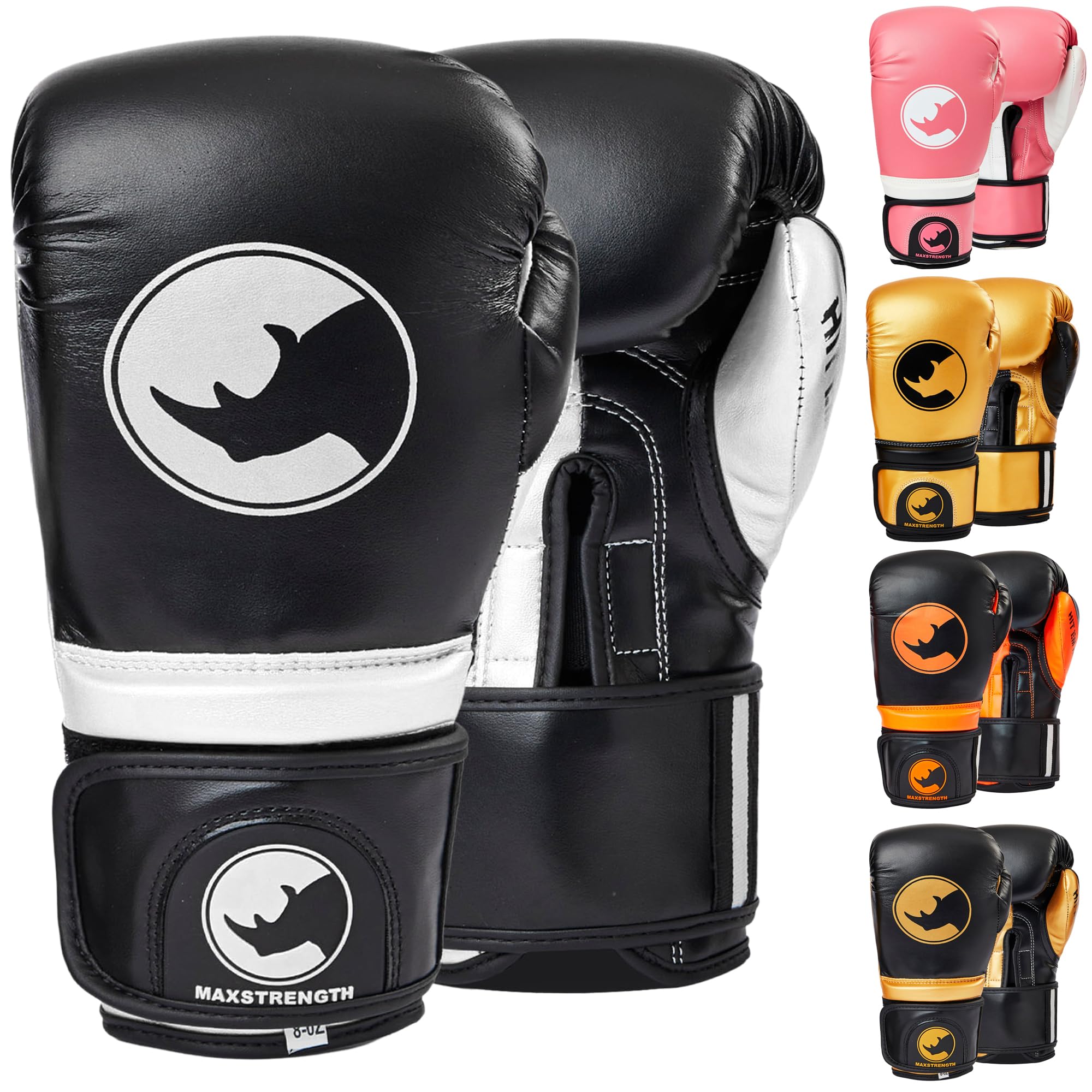 MAXSTRENGTH Boxing Gloves for Sparring & Training | Muay Thai, MMA, Kickboxing & Punch Bag Mitts – Heavy Duty PU Leather Gloves for Men & Women (Black/White, 12oz)