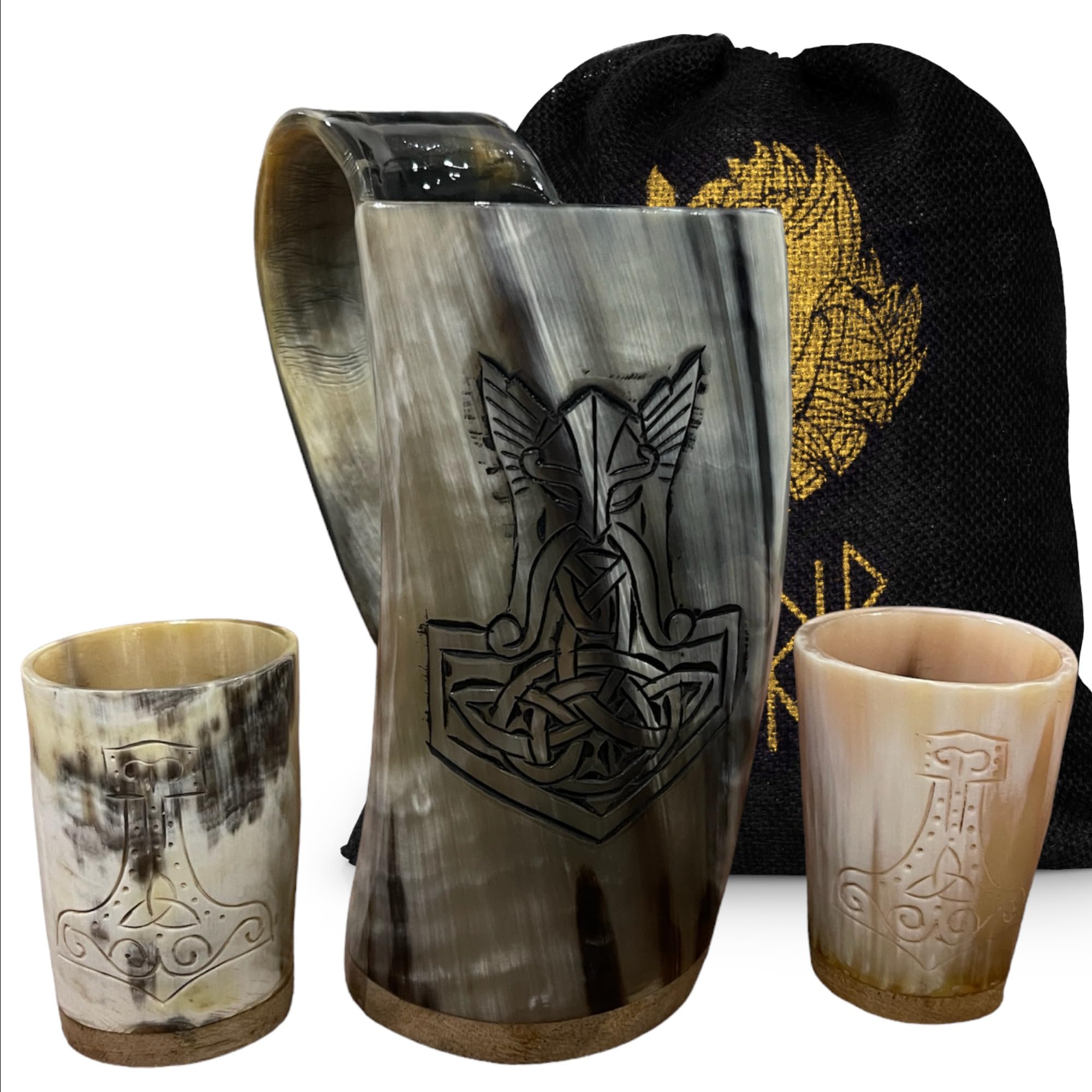 Viking Horn Mug 16 OZ Wolf Compass Finish with Handle & 2 Shot Glasses Handmade Real Horn Norse Mug for Ale, Mead & Beer (THOR)
